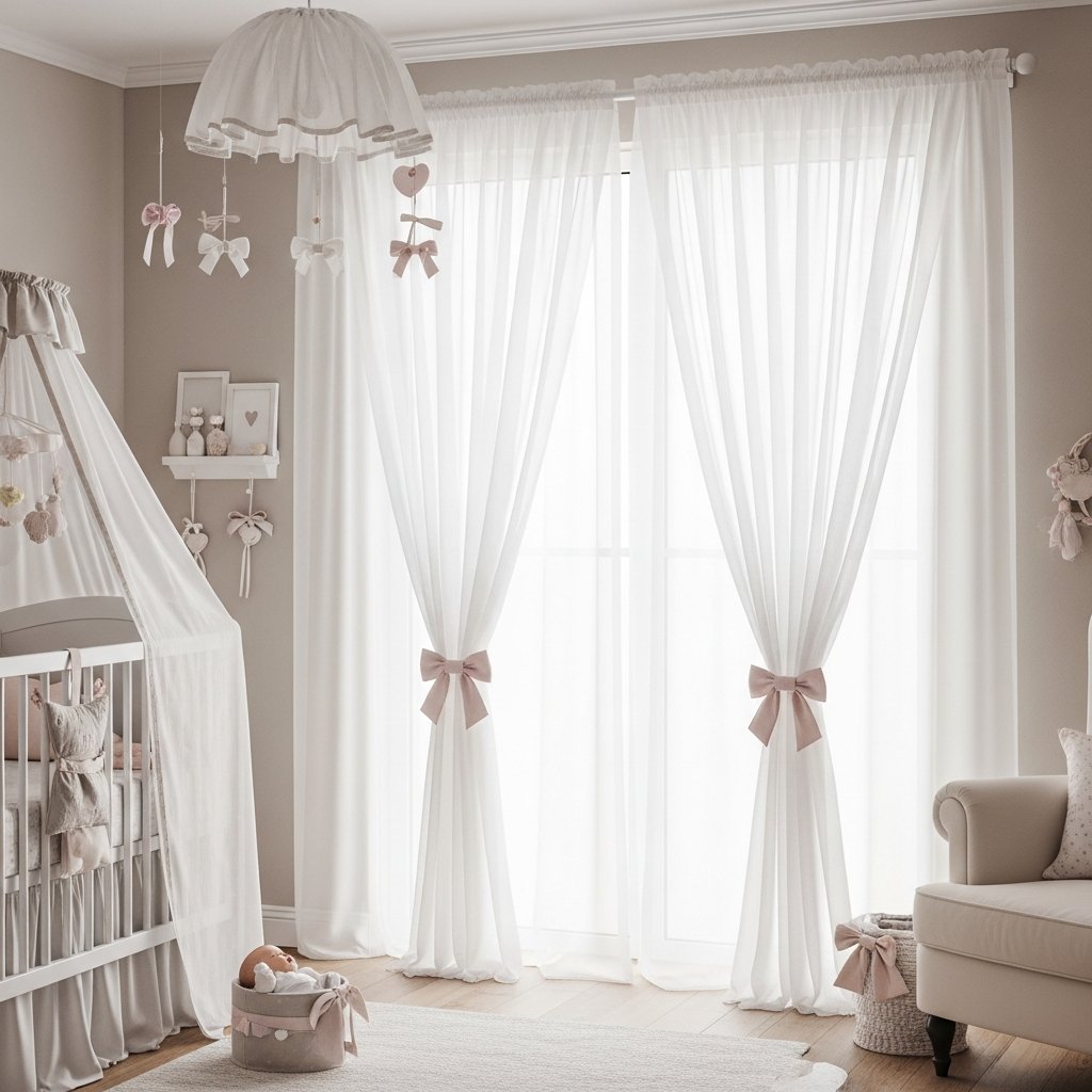 Cortinas delicadas e práticas para criar um quarto de bebê aconchegante e funcional