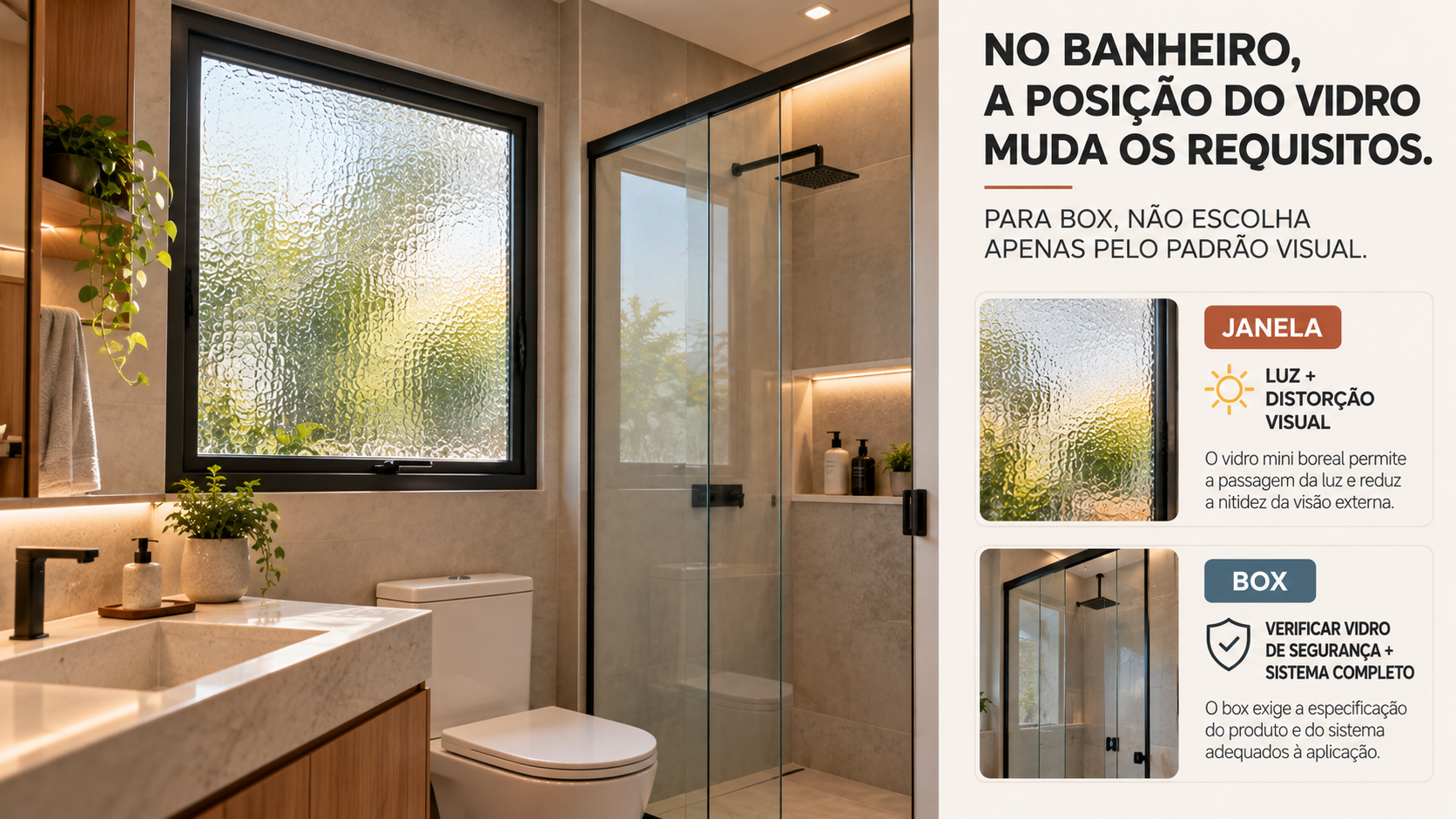 Vidro Mini Boreal: O Que É e Onde Usar? 15 Banheiro residencial com janela de vidro mini boreal e box separado, destacando que cada aplicação exige especificação própria