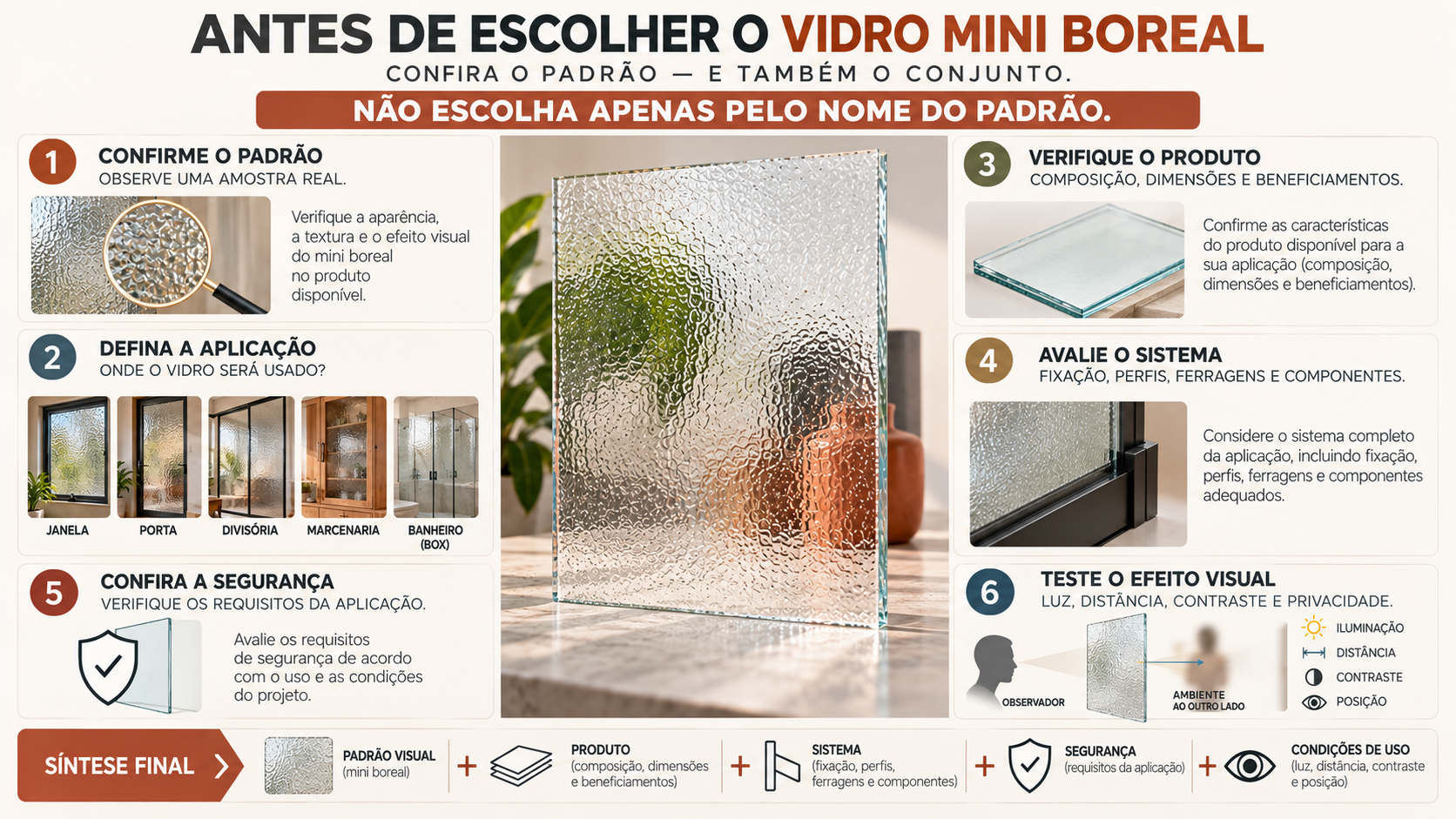 Vidro Mini Boreal: O Que É e Onde Usar? 18 Checklist para escolher vidro mini boreal considerando padrão visual, aplicação, produto, sistema, segurança e efeito de privacidade