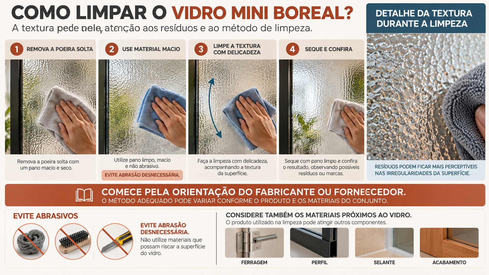 Vidro Mini Boreal: O Que É e Onde Usar? 17 Infográfico com etapas de limpeza do vidro mini boreal usando material macio e não abrasivo sobre a superfície texturizada