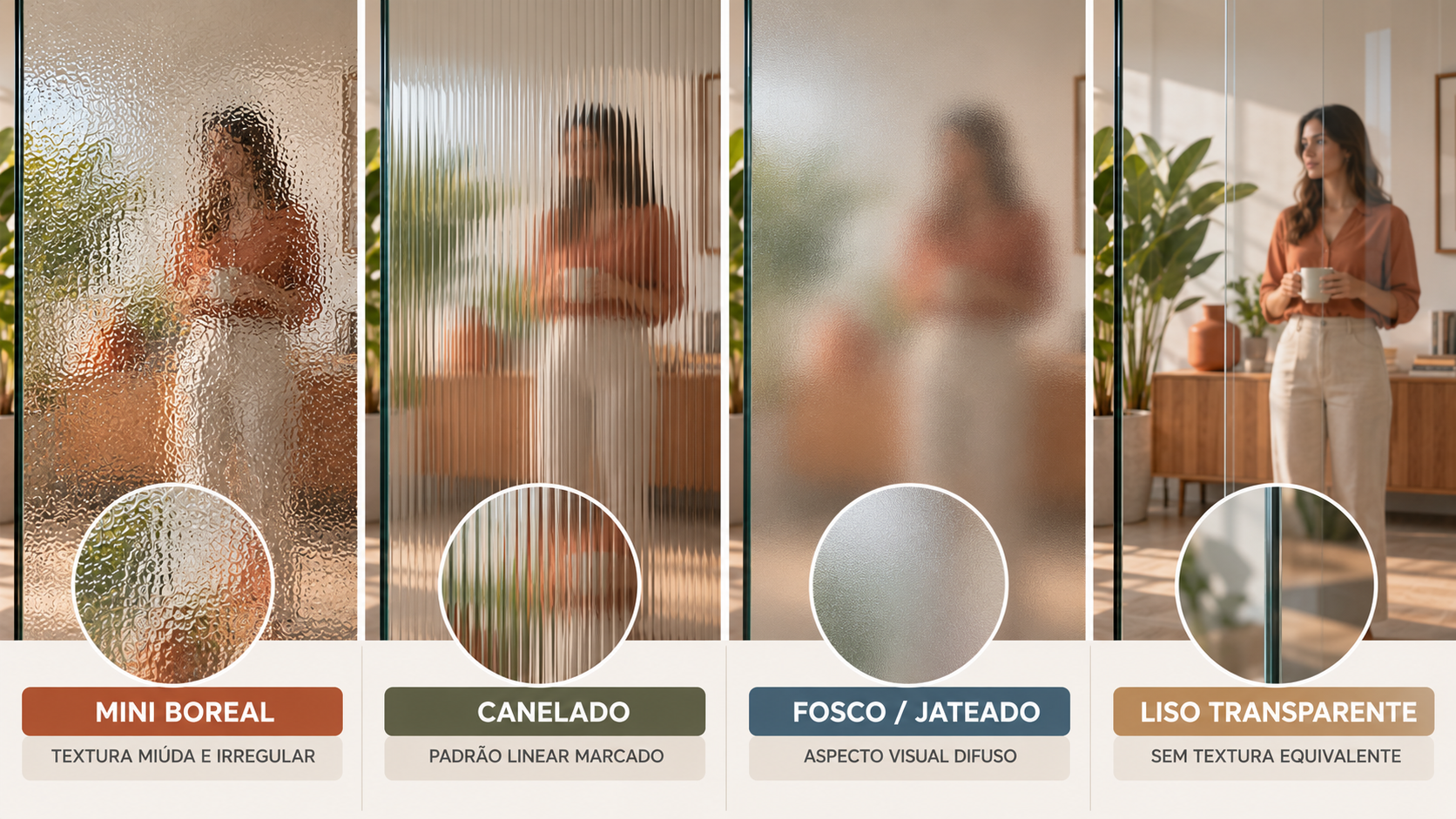 Vidro Mini Boreal: O Que É e Onde Usar? 16 Comparação visual entre vidro mini boreal, canelado, fosco e liso transparente sob as mesmas condições
