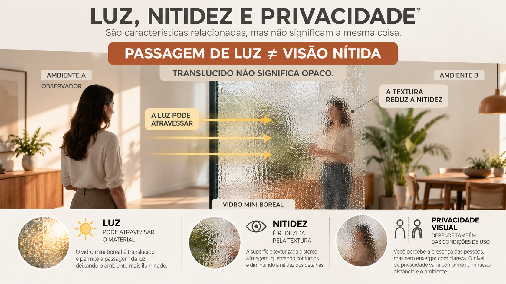 Vidro Mini Boreal: O Que É e Onde Usar? 11 Infográfico mostrando que o vidro mini boreal permite passagem de luz enquanto reduz a nitidez visual através da textura