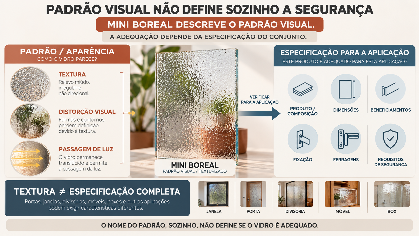 Vidro Mini Boreal: O Que É e Onde Usar? 13 Infográfico explicando que a textura mini boreal não define sozinha a segurança ou a adequação do vidro para cada aplicação