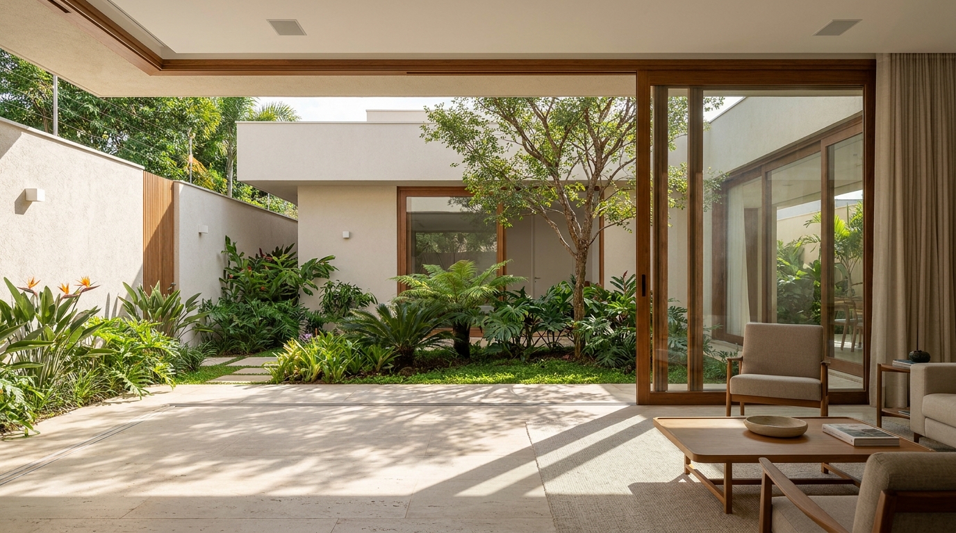 Casa térrea integrada ao jardim: 7 decisões de projeto que fazem diferença 2 Imagem ilustrativa: integrar uma casa térrea ao jardim depende da implantação, das aberturas, da privacidade e da relação entre arquitetura e paisagismo.