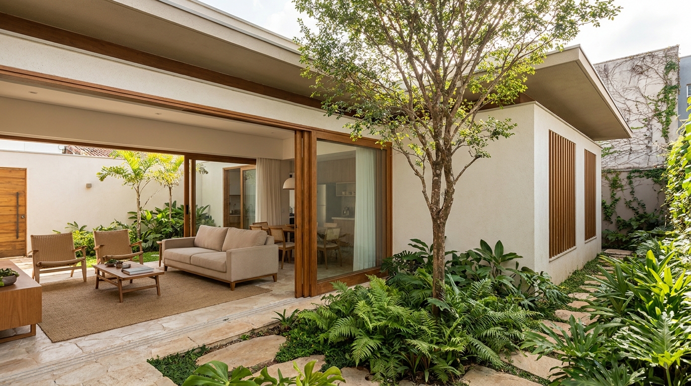 Casa térrea integrada ao jardim: 7 decisões de projeto que fazem diferença 1 Imagem ilustrativa: integrar uma casa térrea ao jardim depende da implantação, das aberturas, da privacidade e da relação entre arquitetura e paisagismo.