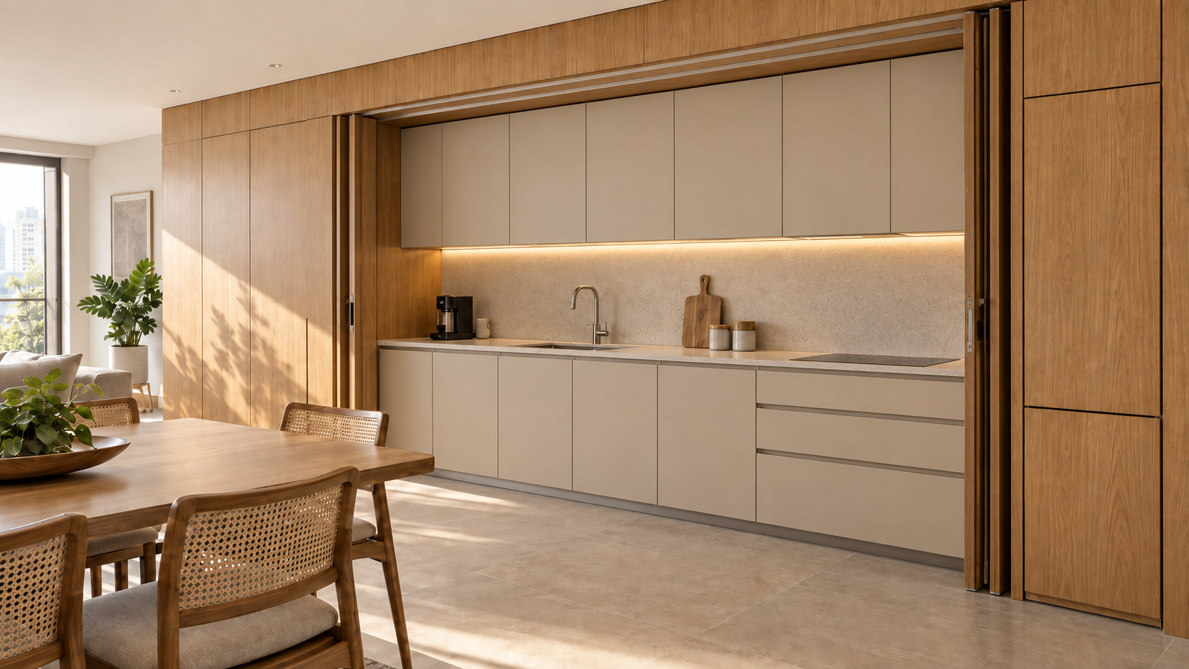 Cozinha invisível: como funciona e quando realmente vale a pena 2 fotografia editorial em close técnico de alta qualidade mostrando o encontro entre uma porta de marcenaria aberta e seu bolsão lateral de recolhimento; porta parcialmente recolhida para permitir compreender mecanicamente para onde a folha vai; ferragens discretas e plausíveis, madeira natural, folgas uniformes, espessuras reais, bancada aparecendo desfocada ao fundo; lente 50 mm, profundidade de campo moderada, iluminação natural suave, sem logotipos, marcas, texto, ferragens impossíveis ou elementos flutuantes.