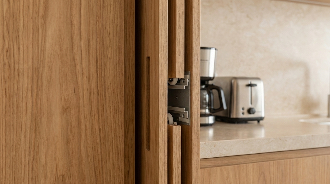 Cozinha invisível: como funciona e quando realmente vale a pena 3 Detalhe de porta escamoteável recolhida na lateral de um armário de cozinha