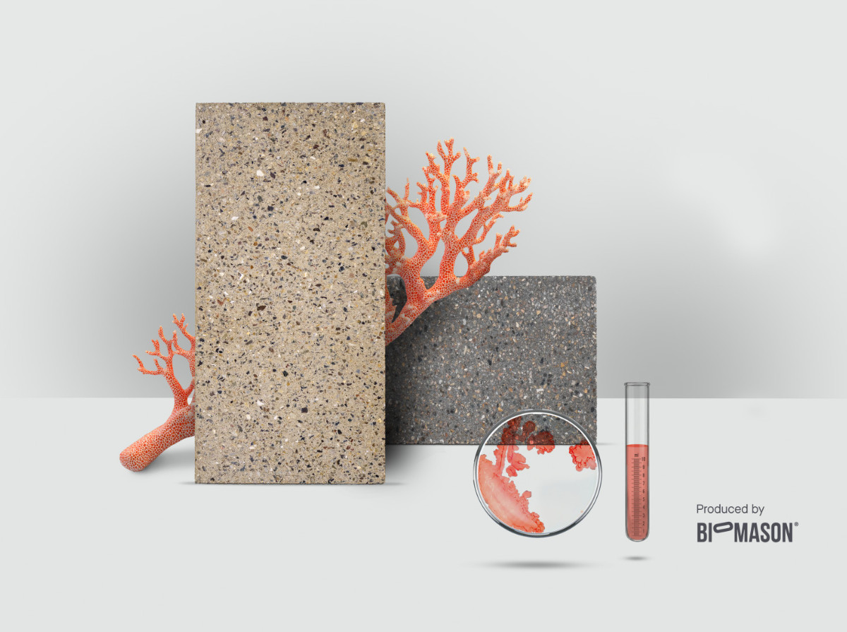 Mimmik Tile produzido por biomineralização Mimmik Tile e representação do processo biológico usado na fabricação do revestimento