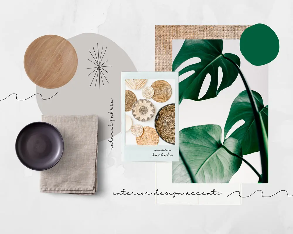 Moodboard de interiores com madeira, fibras naturais, verde e referências botânicas