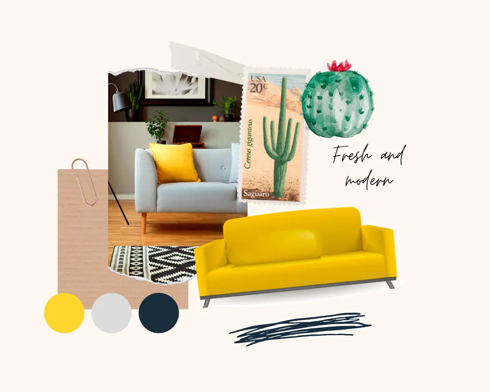 Moodboard moderno com sofá amarelo, referências de interiores, plantas e paleta de cores