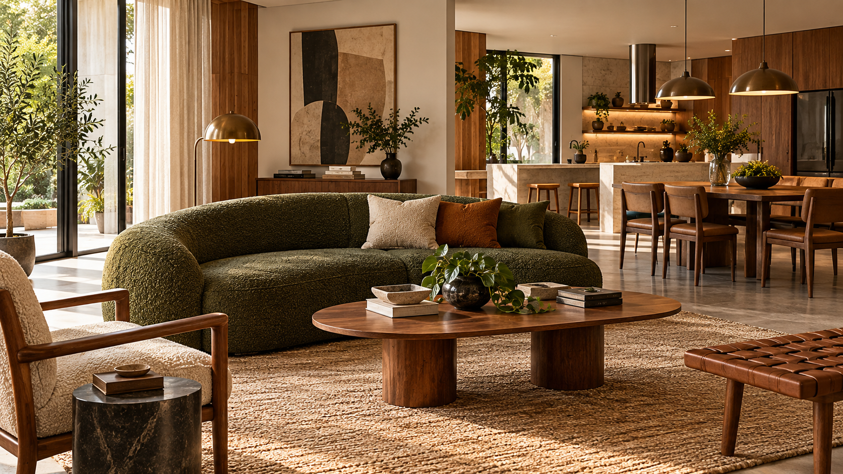 Poltrona vintage de madeira reestofada com bouclé ferrugem em sala contemporânea