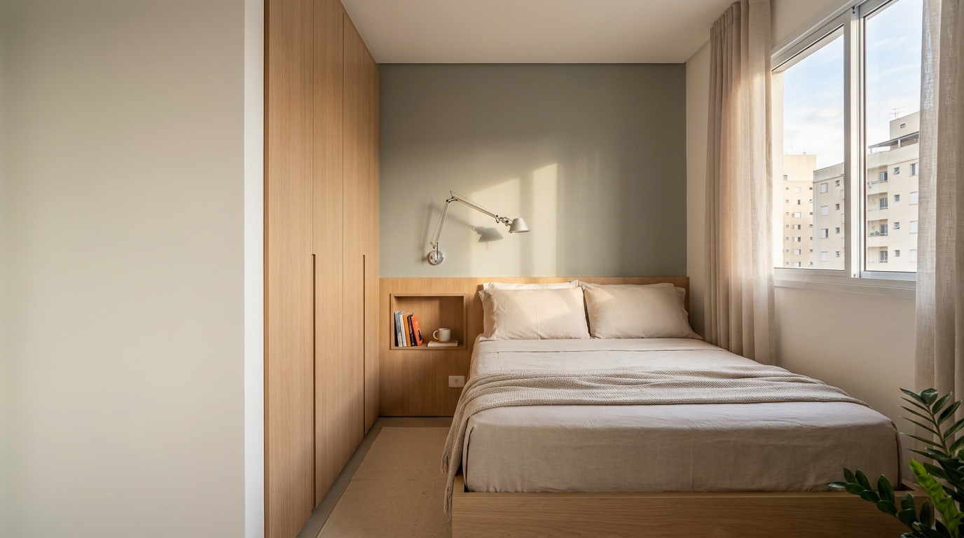 Quarto pequeno: medidas, layout e soluções para aproveitar melhor o espaço 1 Quarto pequeno com cama de casal, armário e circulação planejados para aproveitar melhor o espaço.