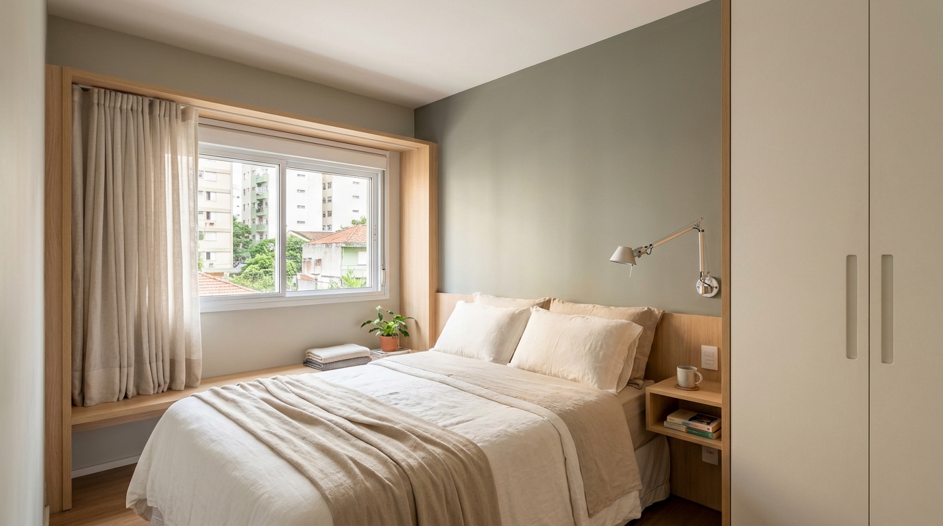 Quarto pequeno: medidas, layout e soluções para aproveitar melhor o espaço 2 Quarto pequeno com cama de casal, armário e circulação planejados para aproveitar melhor o espaço.