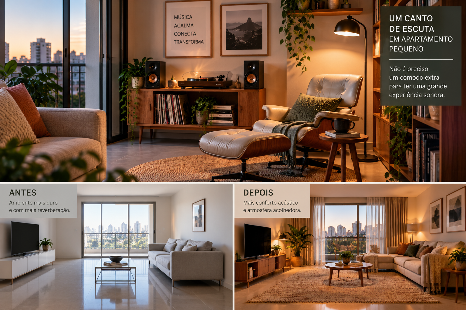 Listening room: como criar um canto para ouvir música em casa 1 Um canto de escuta pode dividir espaço com a sala de estar sem exigir um cômodo exclusivo.