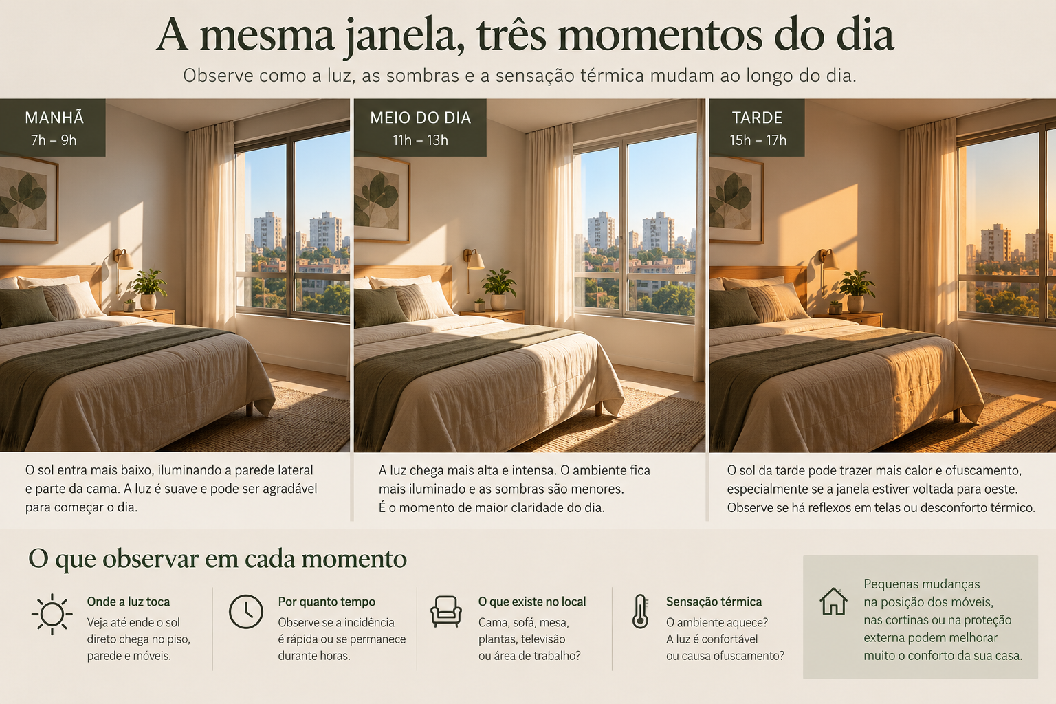Primavera 2026: como a mudança do sol altera a luz dentro de casa 1 Sala brasileira iluminada por um feixe de sol que atravessa a janela e projeta sombras no piso e nos móveis