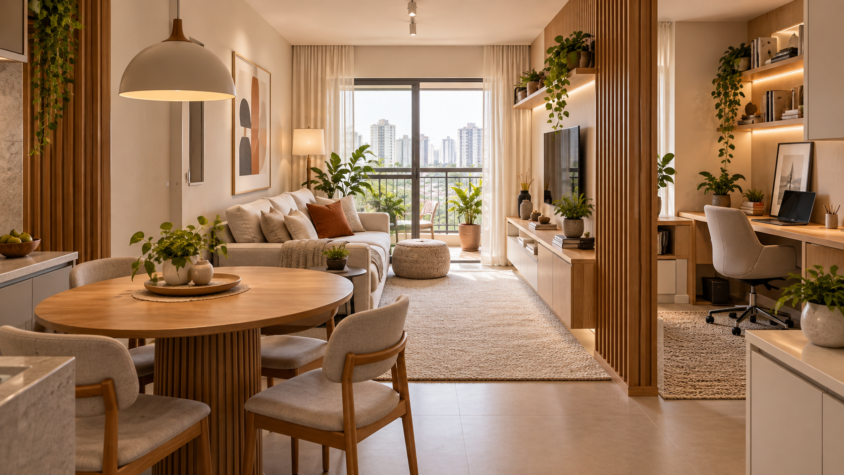 Seu apartamento parece menor do que é? 5 erros de layout que roubam espaço 2 Ambientes integrados funcionam melhor quando cada uso é claramente definido, mesmo sem paredes entre sala, jantar e trabalho.