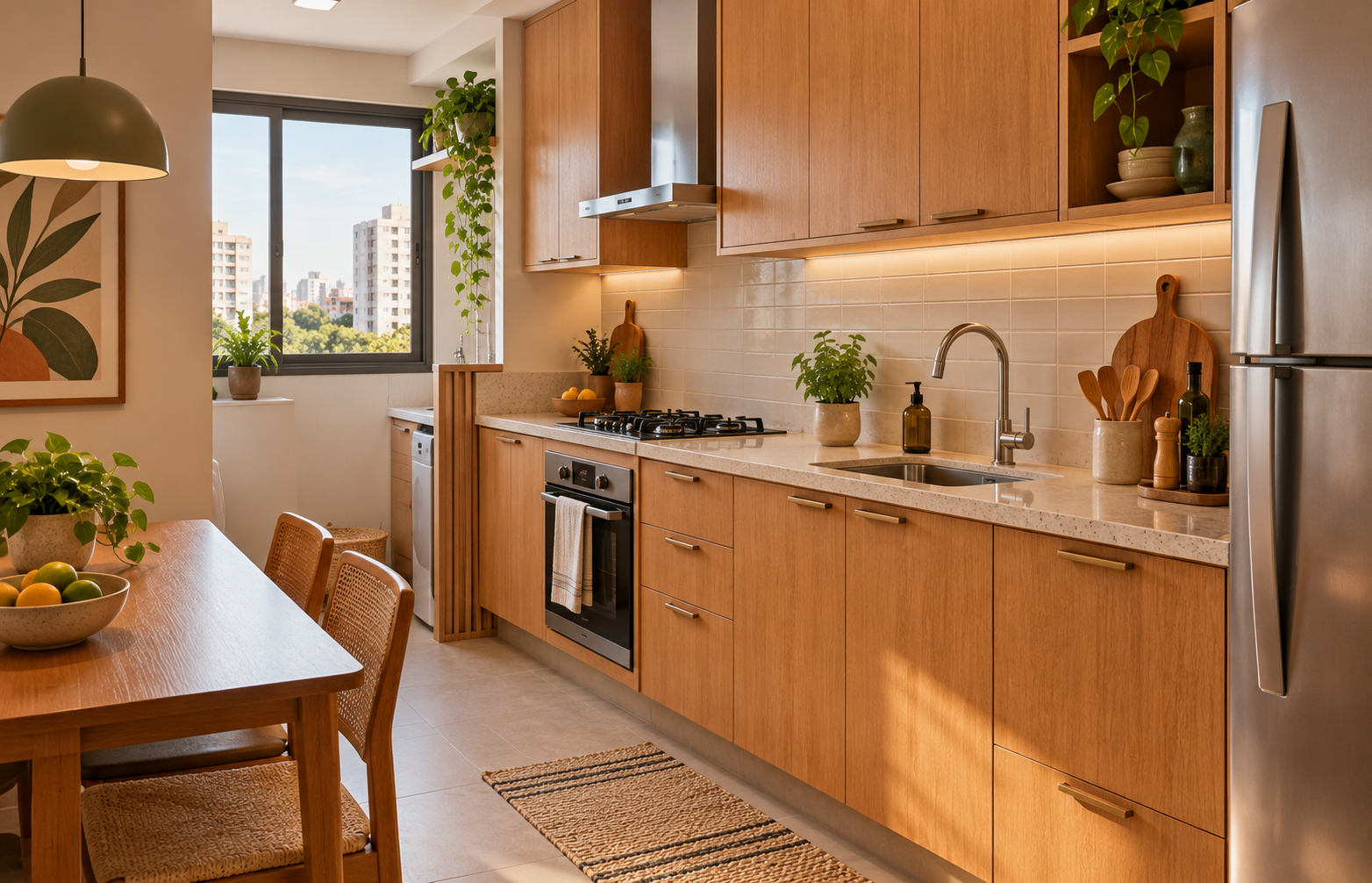Cozinha contemporânea com armários em madeira mel e acabamentos neutros