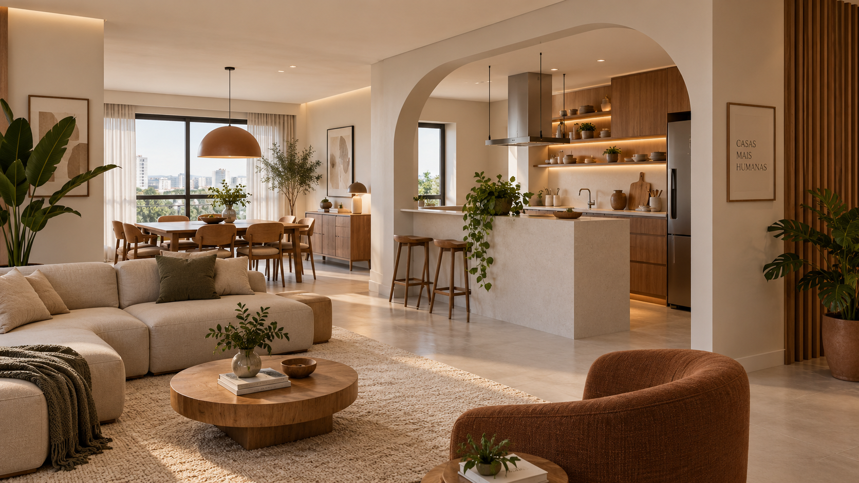 A planta aberta está cansando? A casa está voltando a ter divisões — sem fechar tudo 3 Sala e cozinha separadas por porta de correr de vidro canelado com caixilho preto