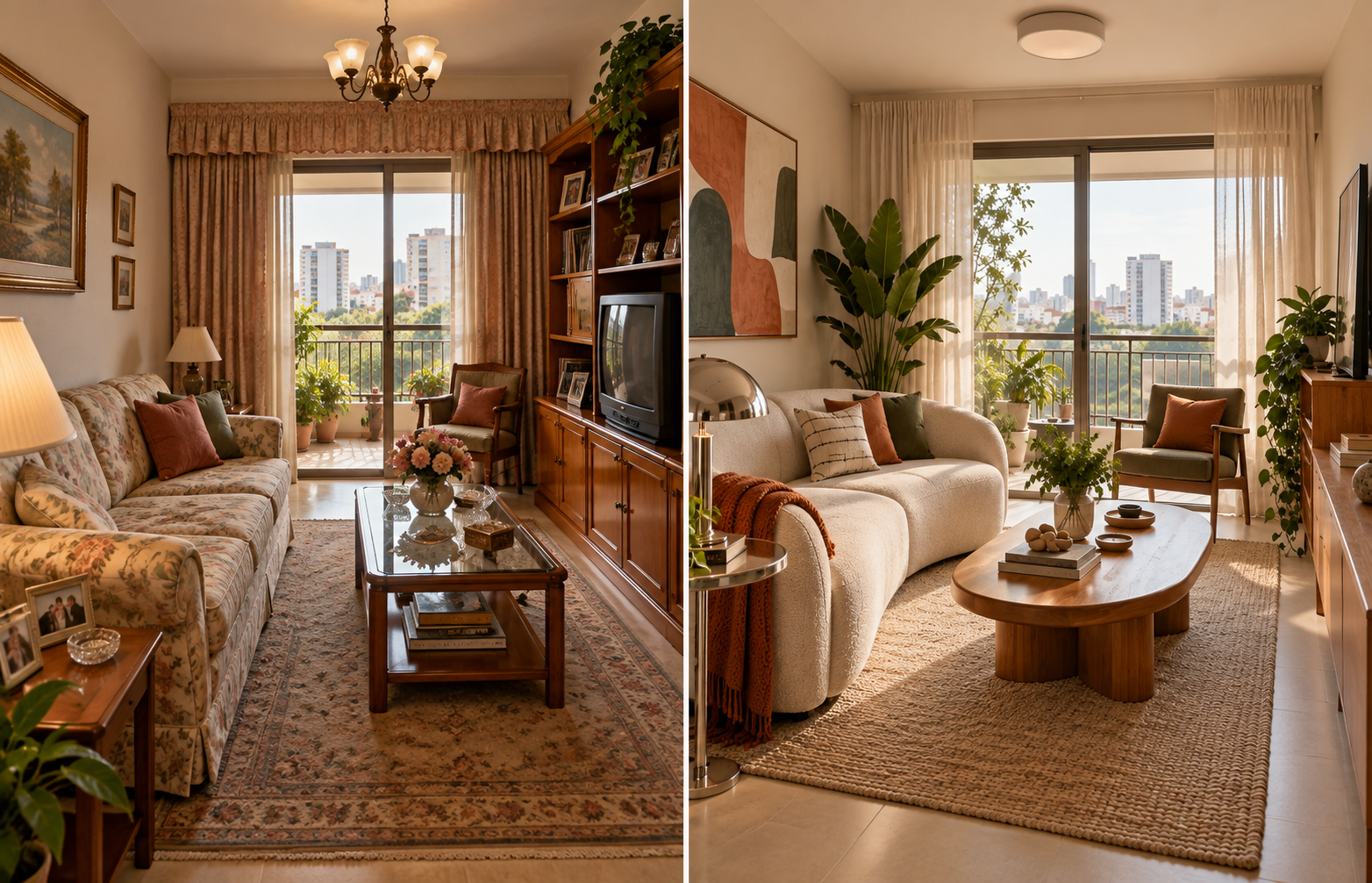 Comparação entre sala típica dos anos 90 e releitura contemporânea com os mesmos elementos