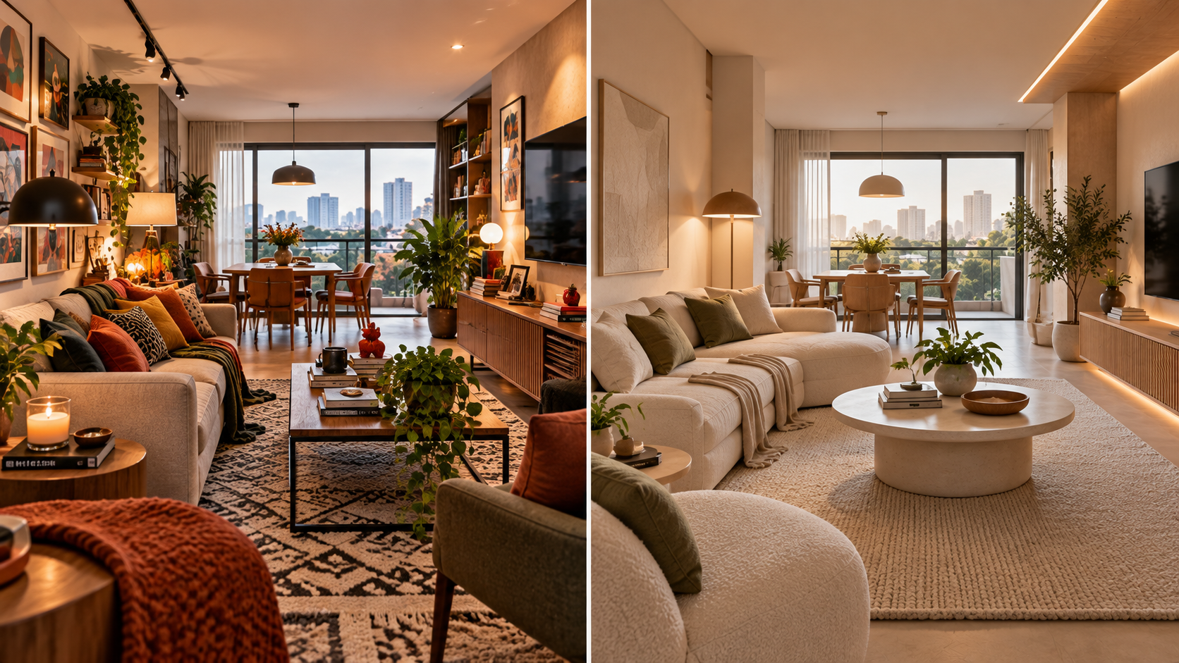 Design neuroinclusivo: o que sua casa pode aprender com ambientes pensados para acalmar 2 Sala contemporânea comparando diferentes níveis de estímulo visual, iluminação e organização espacial.