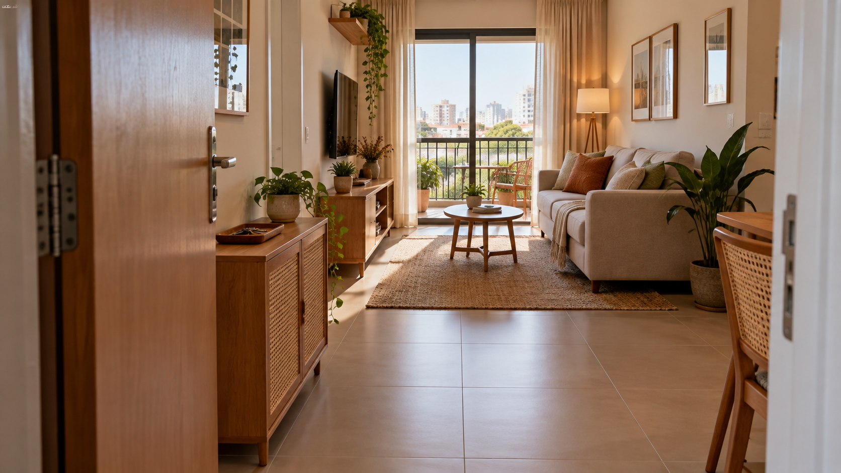 Sua casa não tem hall de entrada? 5 formas de criar uma chegada funcional sem levantar paredes 3 Móvel baixo junto à porta de entrada integrado à sala compacta