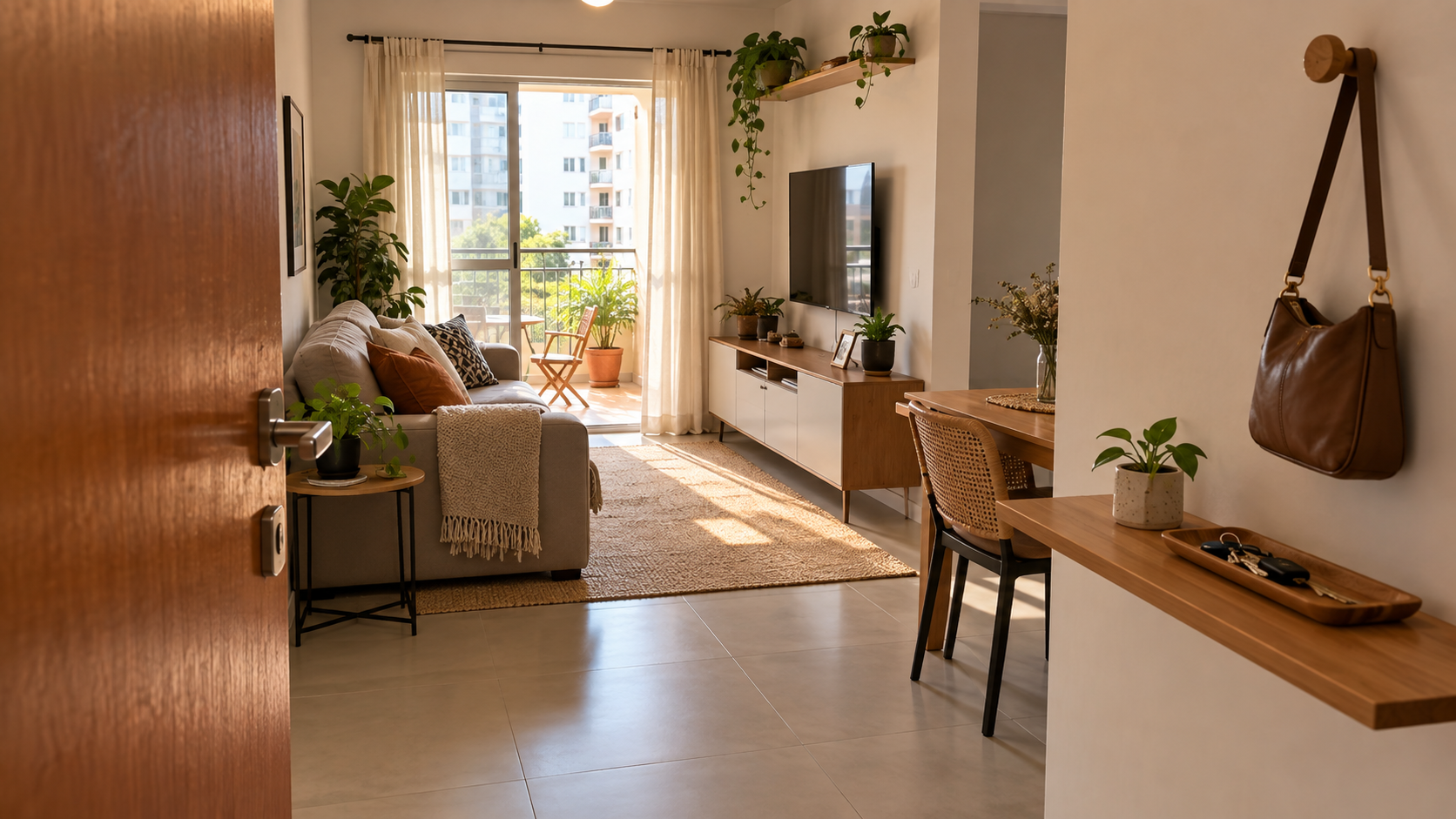 Sua casa não tem hall de entrada? 5 formas de criar uma chegada funcional sem levantar paredes 1 Porta de apartamento aberta diretamente para a sala, com apoio para chaves e bolsa na entrada