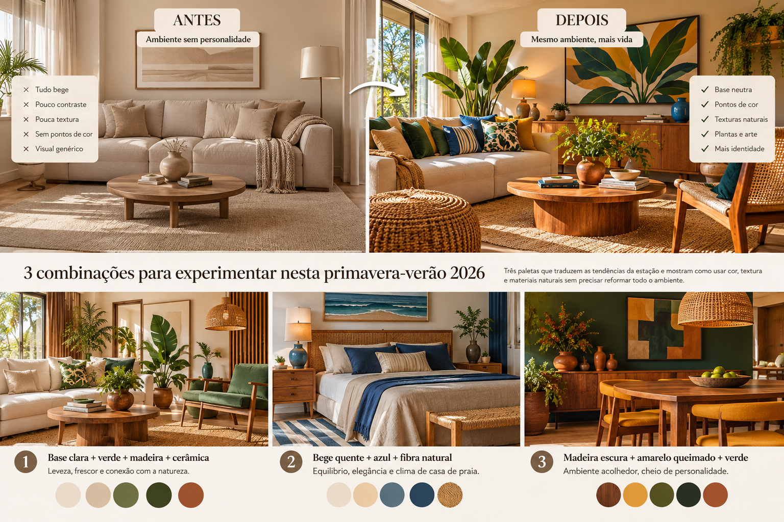 A casa bege está perdendo espaço: 7 tendências de decoração para a primavera-verão 2026 2 Três combinações fáceis de testar: base clara com verde e madeira; bege quente com azul; madeira escura com amarelo e verde profundo.