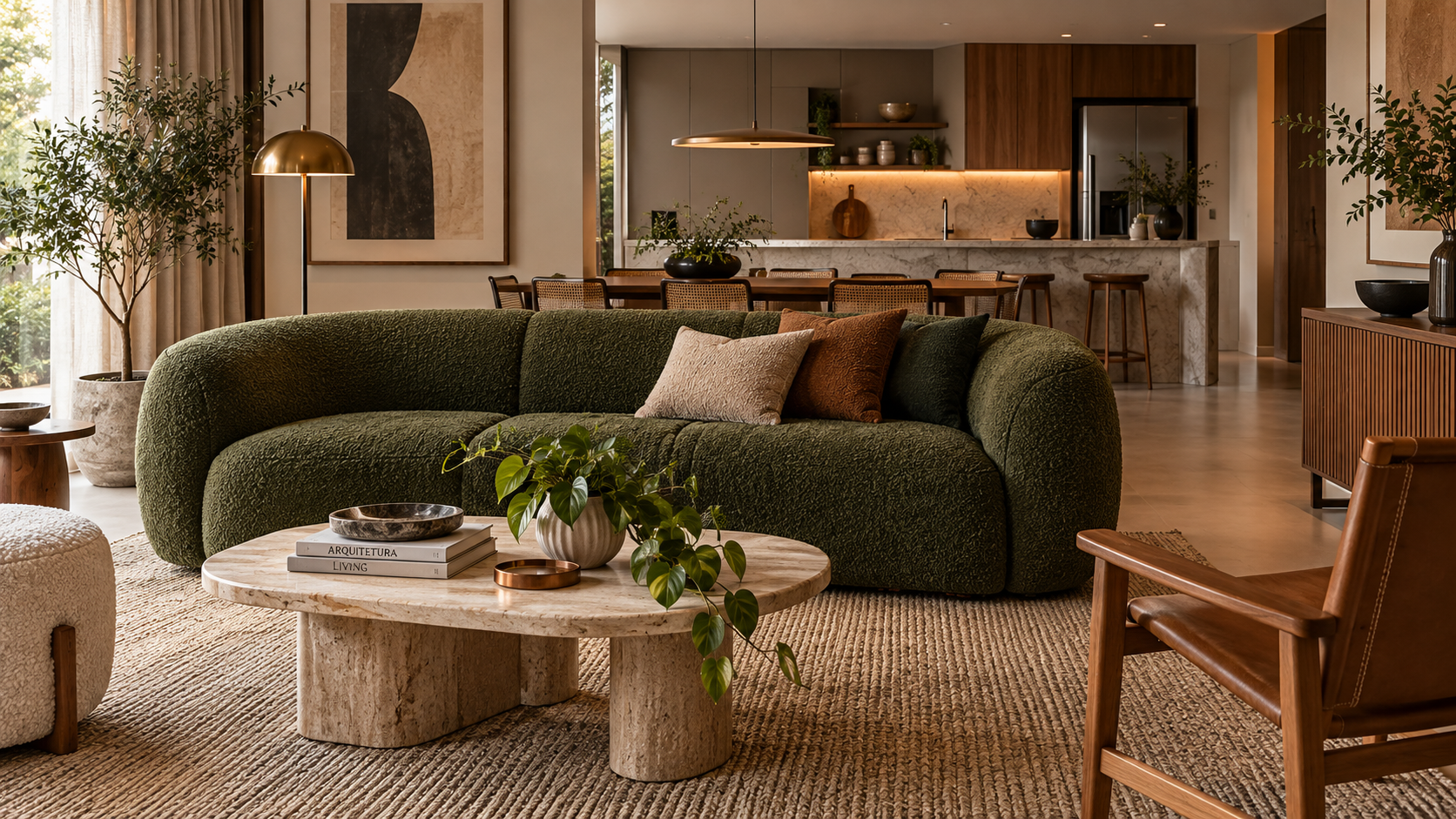 Poltrona vintage de madeira reestofada com bouclé ferrugem em sala contemporânea
