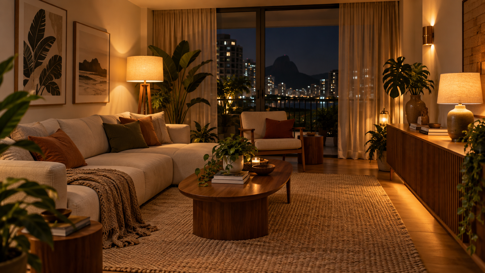 Sala com iluminação em camadas aplicada ao projeto de interiores