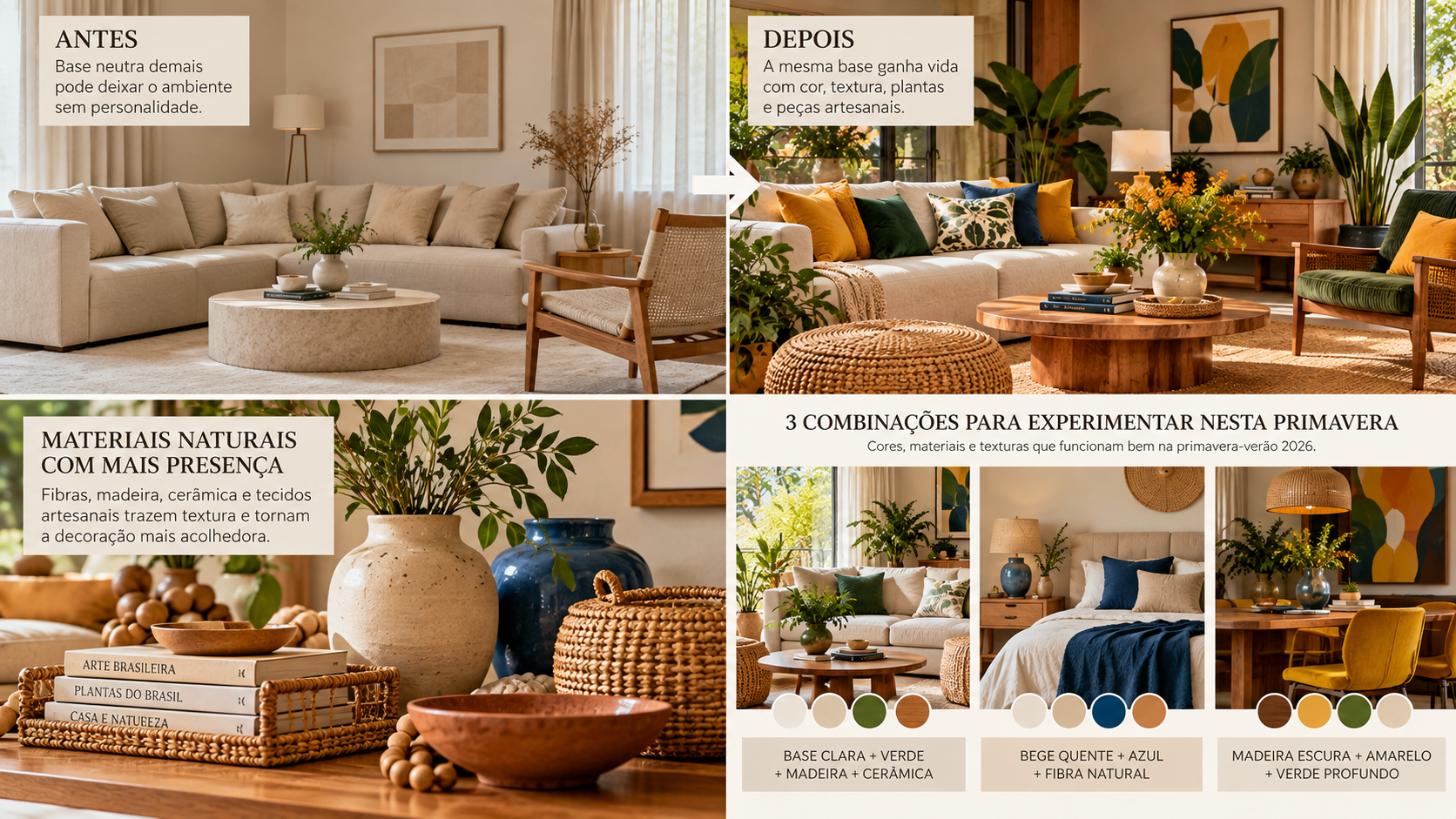 A casa bege está perdendo espaço: 7 tendências de decoração para a primavera-verão 2026 1 Comparação antes e depois de sala bege transformada com cores, plantas, madeira e texturas naturais