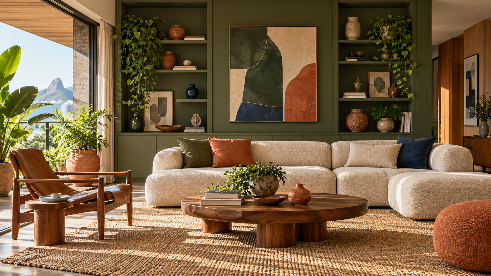 Sala com marcenaria verde profundo, sofá claro, madeira quente e detalhes em terracota