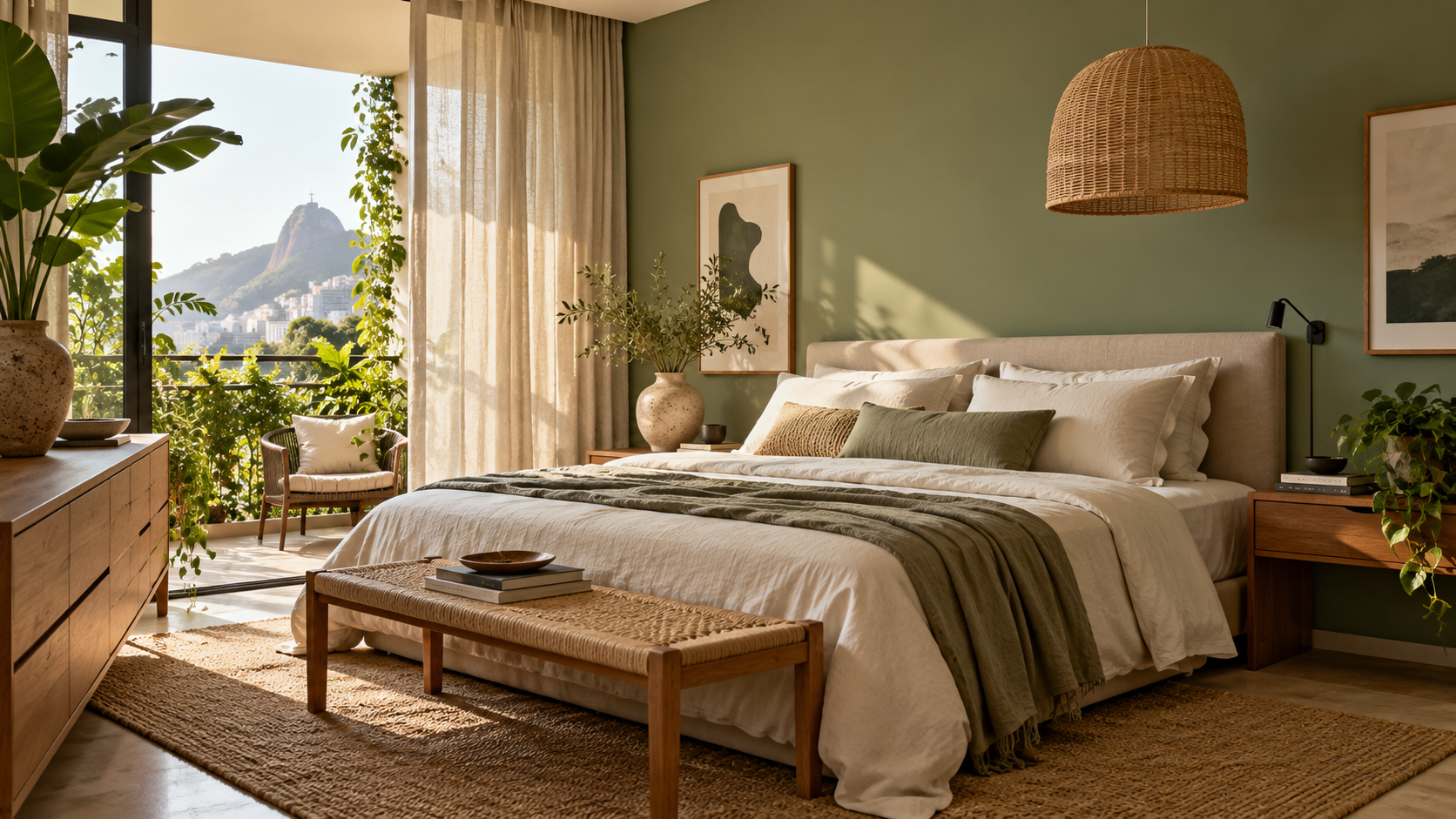 Quarto com parede verde suave, madeira, fibras naturais e decoração em tons neutros