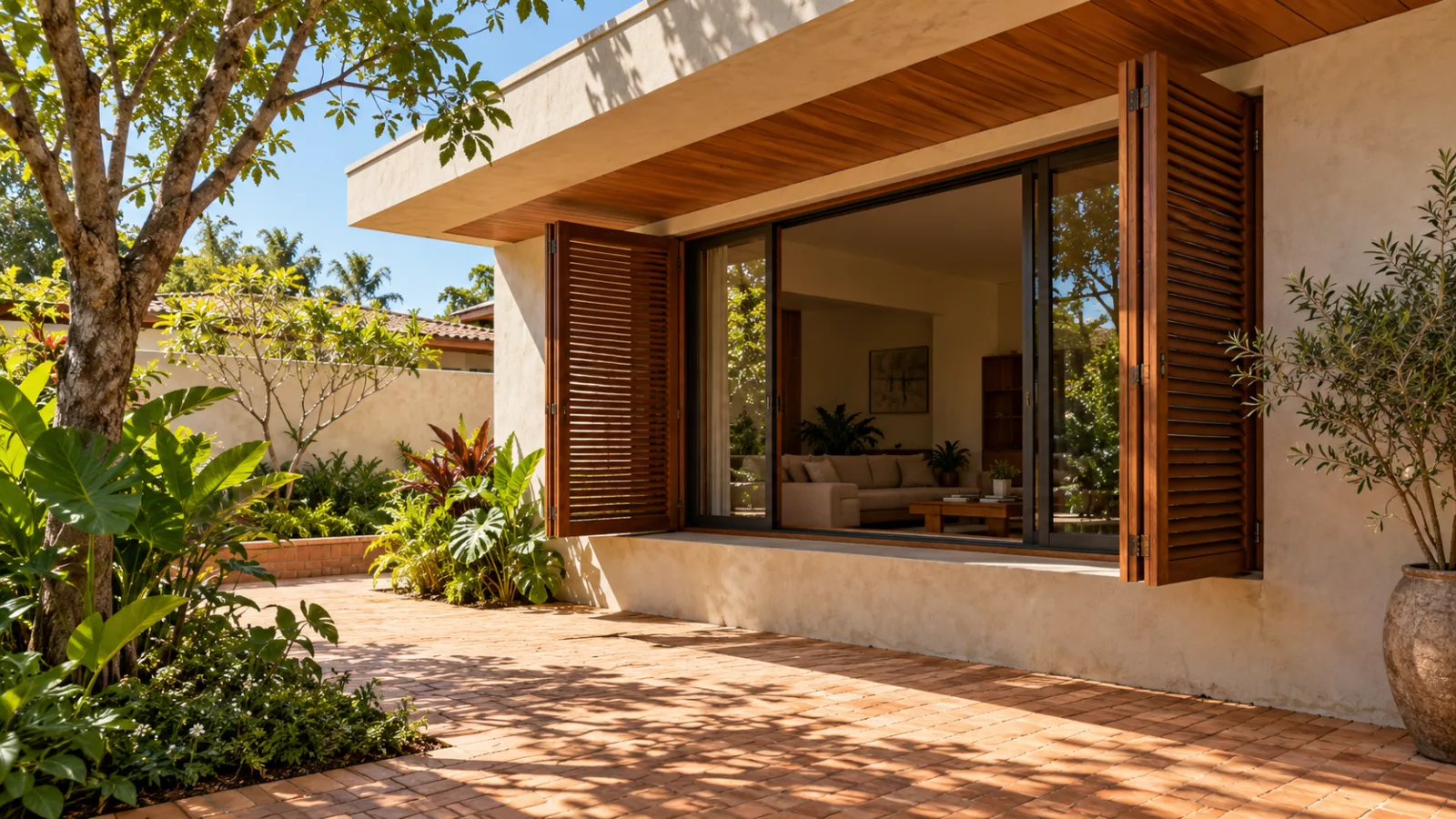 Janela de sala com beiral e venezianas externas de madeira, voltada para jardim e piso ensolarado