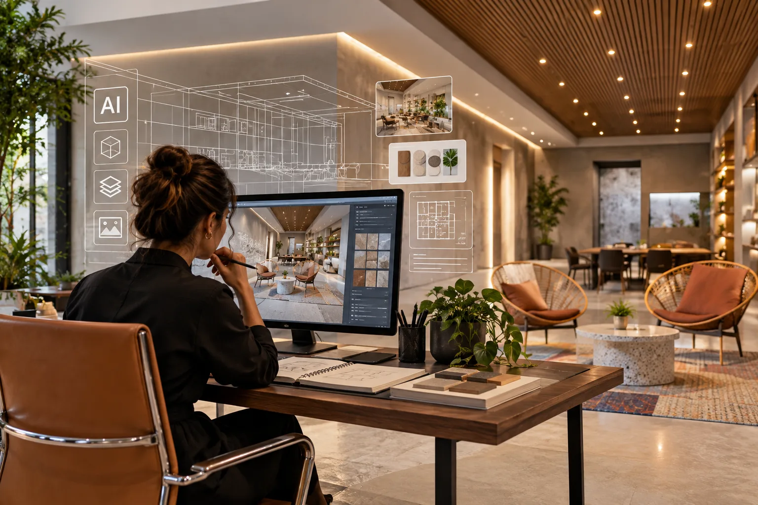 Arquiteta trabalhando em escritório de arquitetura com materiais e ferramentas de projeto