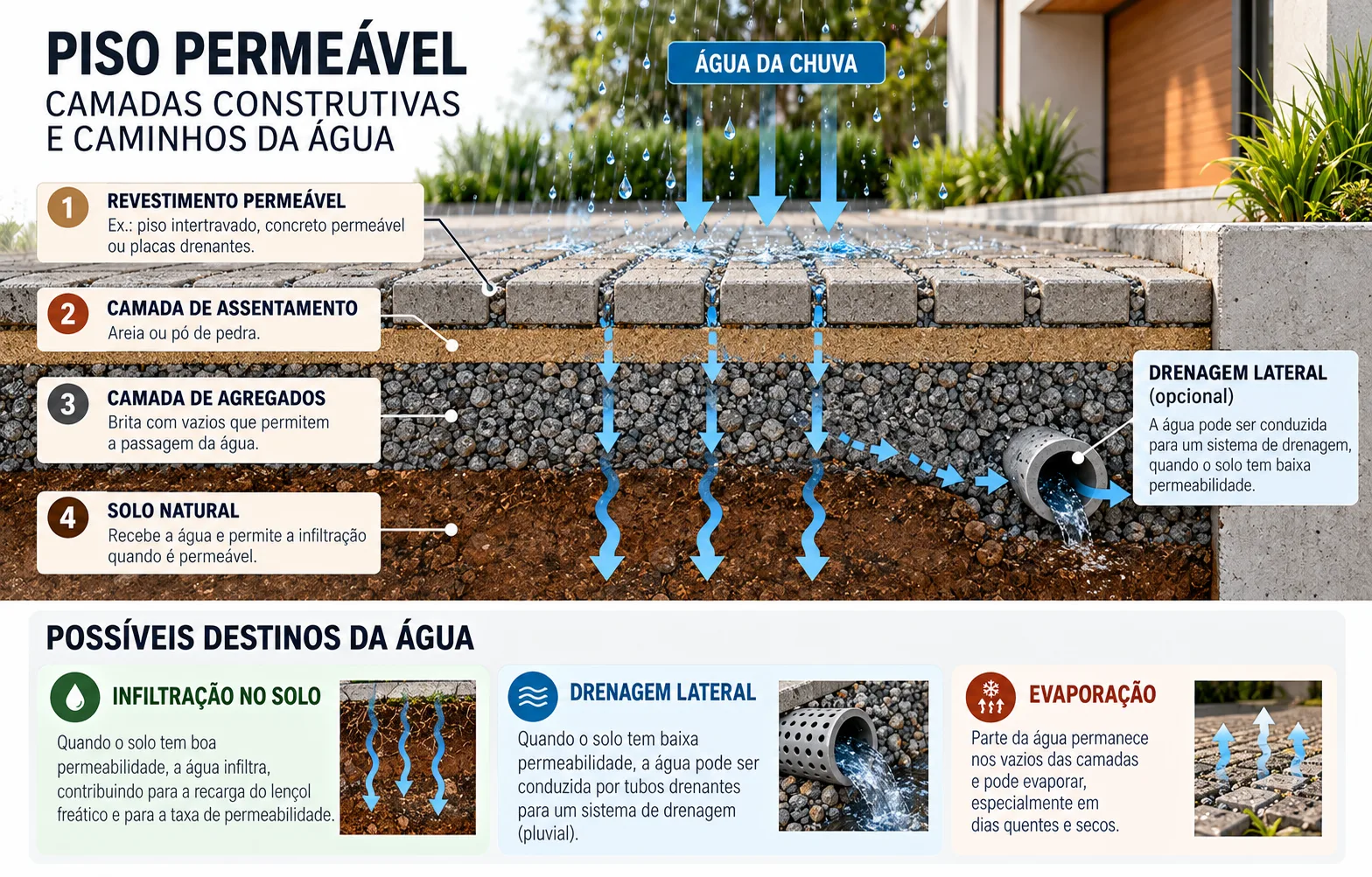 Taxa de permeabilidade com cálculo e planta explicada 13 Corte esquemático de piso permeável mostrando revestimento, camadas de agregados, solo natural e possíveis caminhos da água por infiltração ou drenagem.