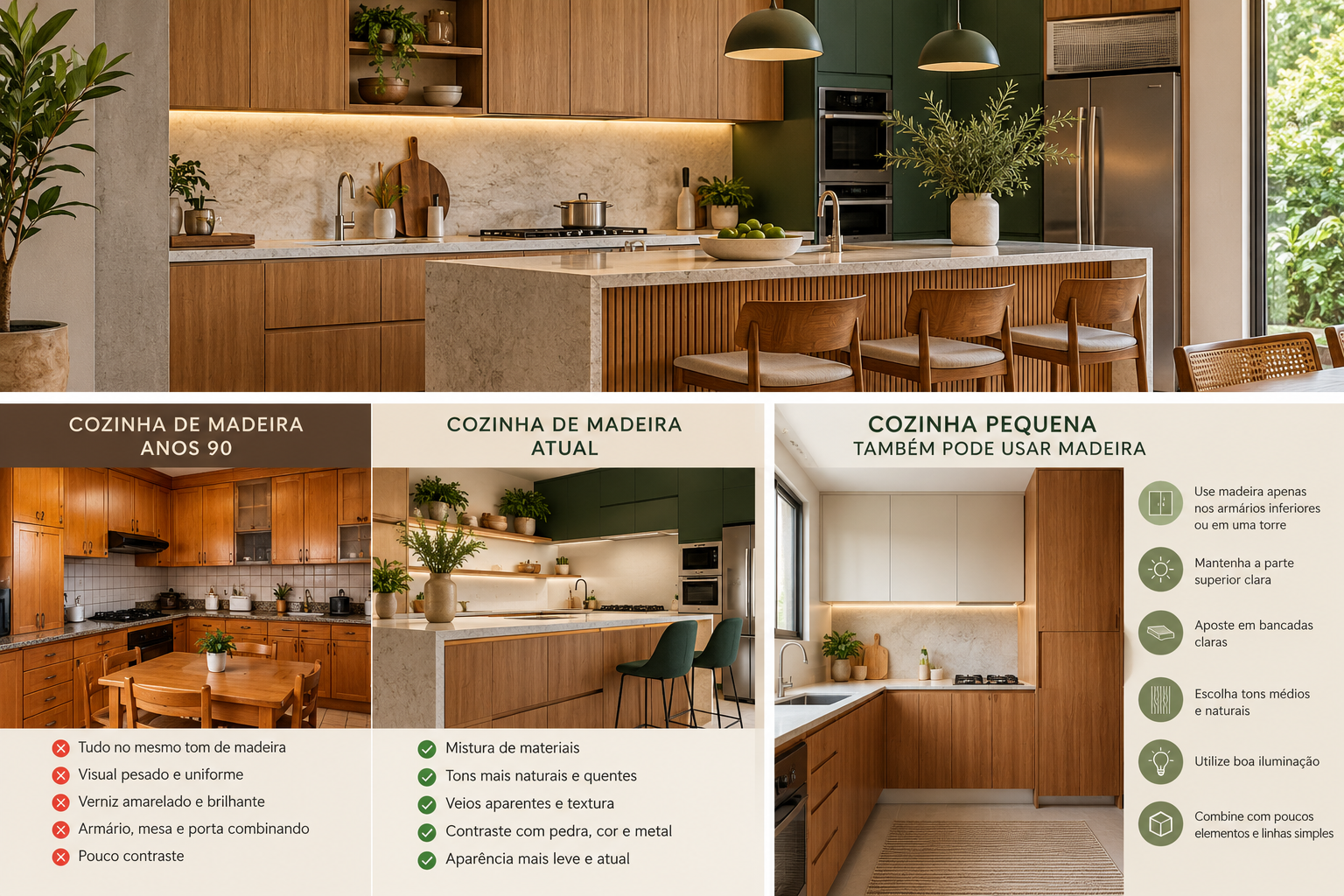 A cozinha toda branca está perdendo espaço — a madeira voltou, mas não como nos anos 90 2 Cozinha contemporânea com armários de madeira, bancada clara, detalhes verdes e eletrodomésticos em inox