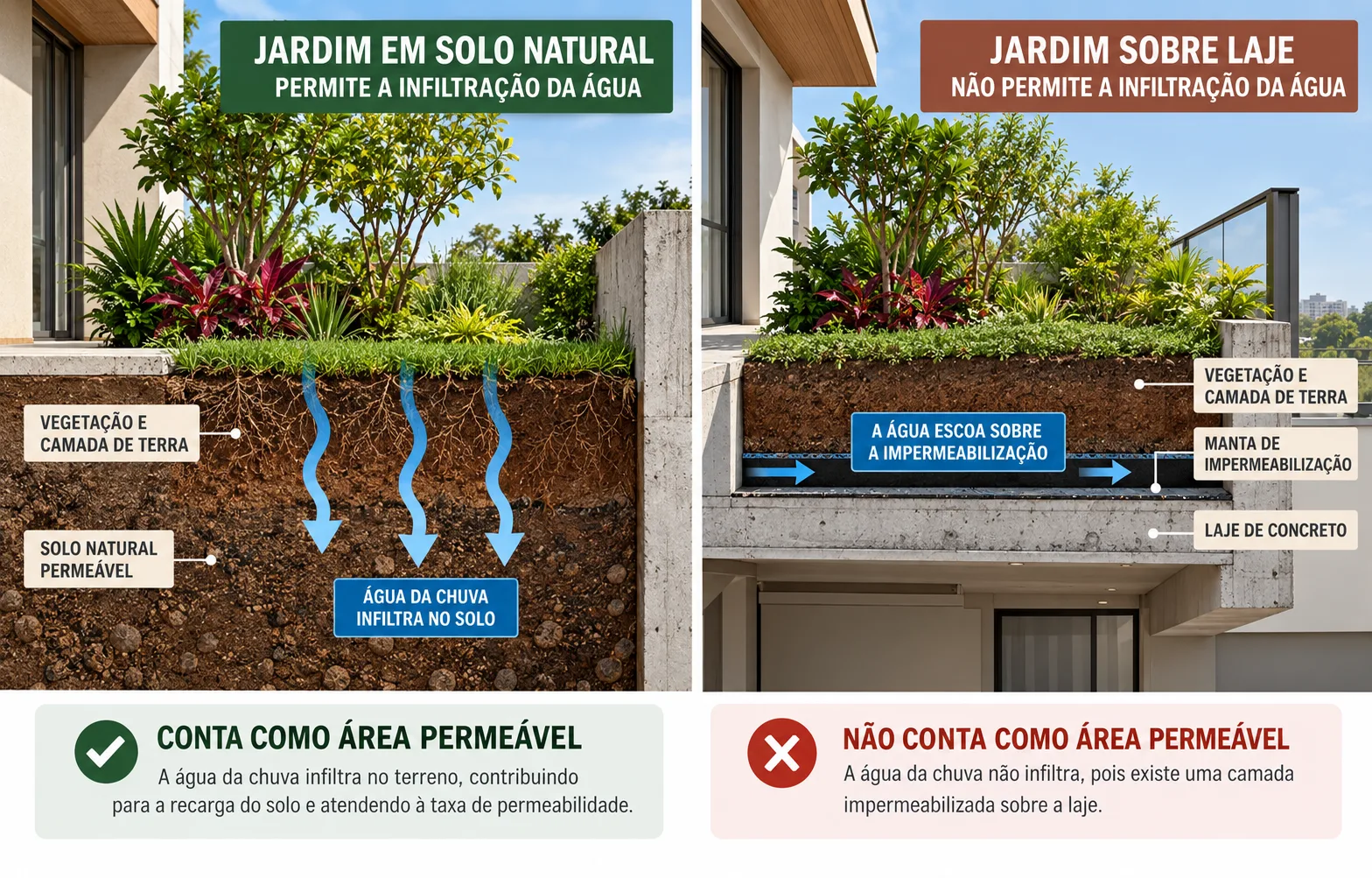 Taxa de permeabilidade com cálculo e planta explicada 11 A vegetação pode ser semelhante, mas o que existe abaixo do jardim muda o comportamento da água e sua avaliação urbanística.
