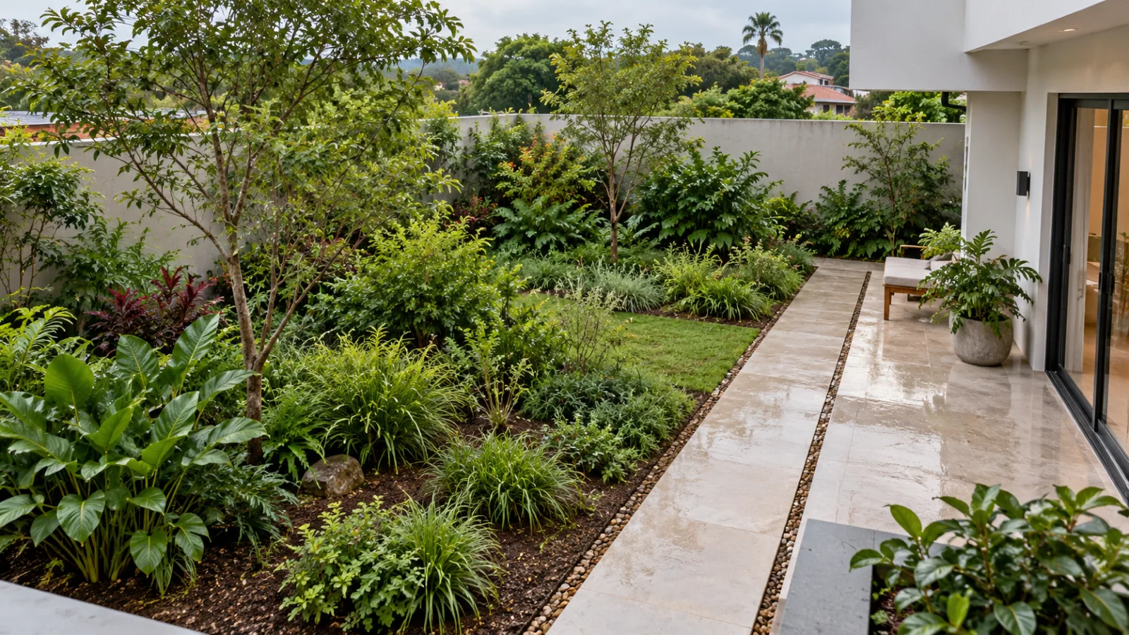 Jardim em solo e percurso pavimentado no quintal Jardim com vegetação em solo ao lado de um percurso de pedra e da fachada de uma casa