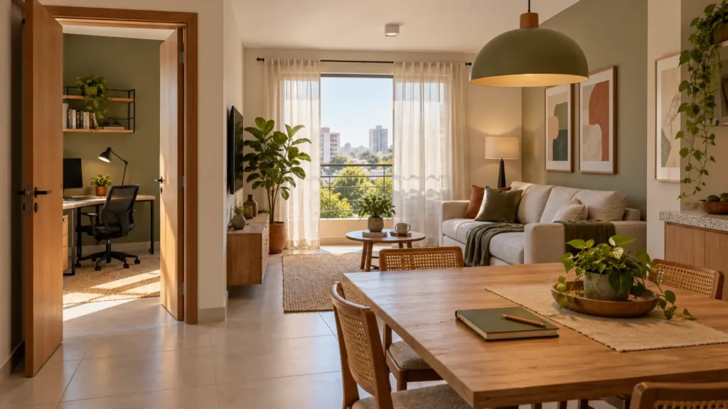 Sala de estar e jantar com mesa para quatro pessoas e escritório separado por uma porta em uma residência ilustrativa