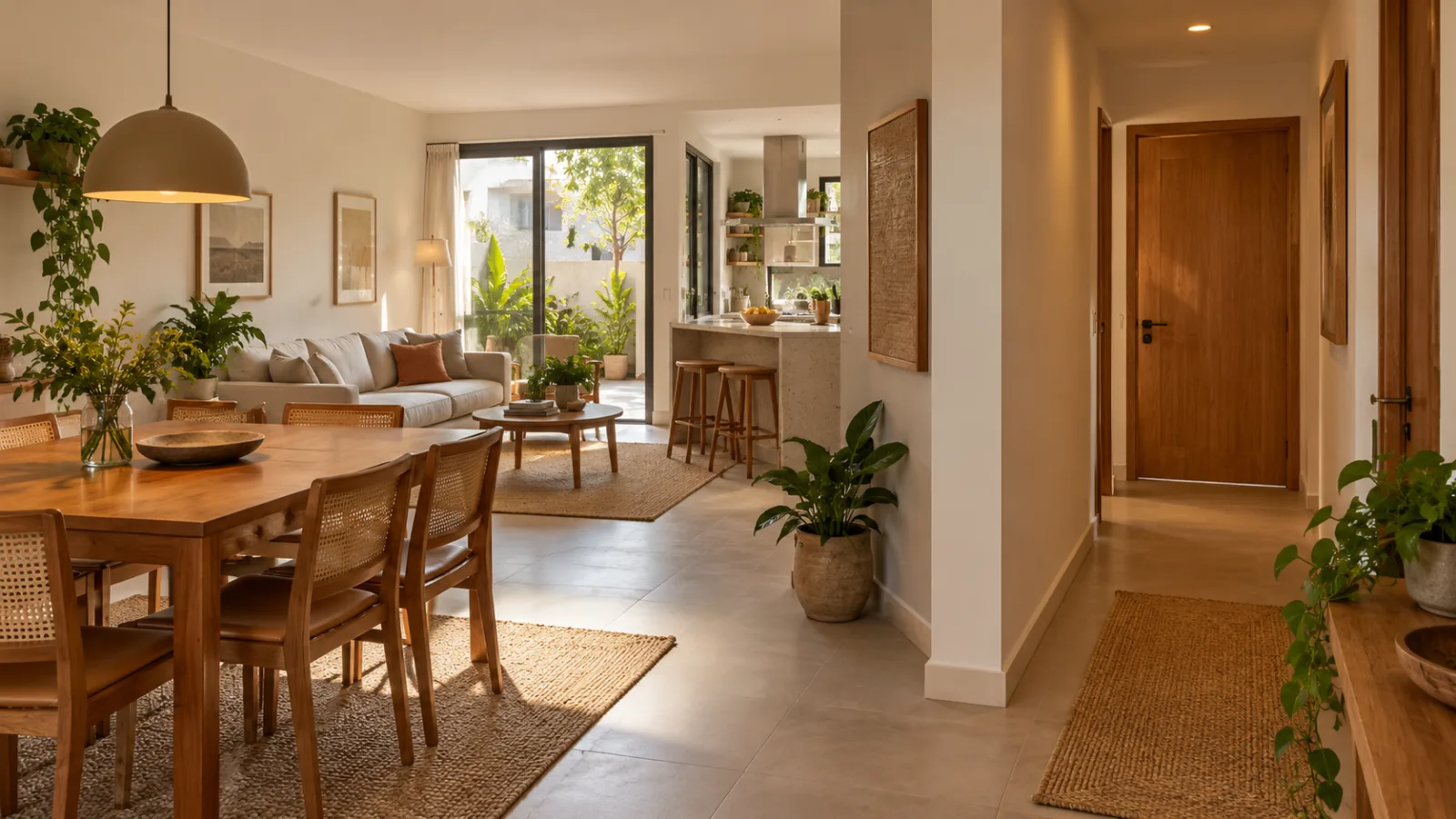 Sala e jantar integrados à cozinha, com acesso aos dormitórios por uma transição lateral com portas de madeira