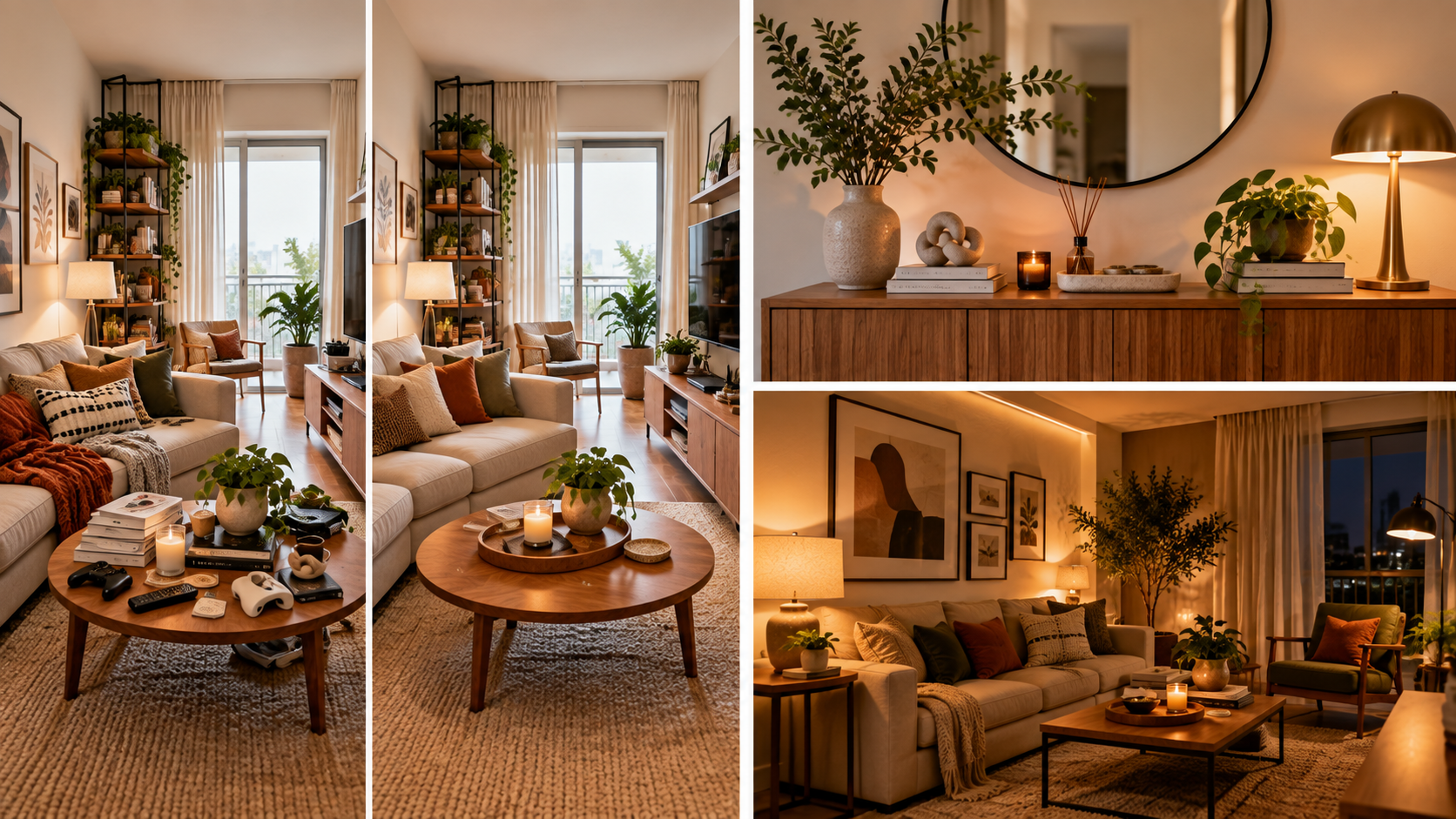 7 Coisas que Criam Ruído Visual na Decoração — Mesmo com a Casa Arrumada 2 Aparador de madeira com objetos decorativos agrupados e áreas livres entre as composições