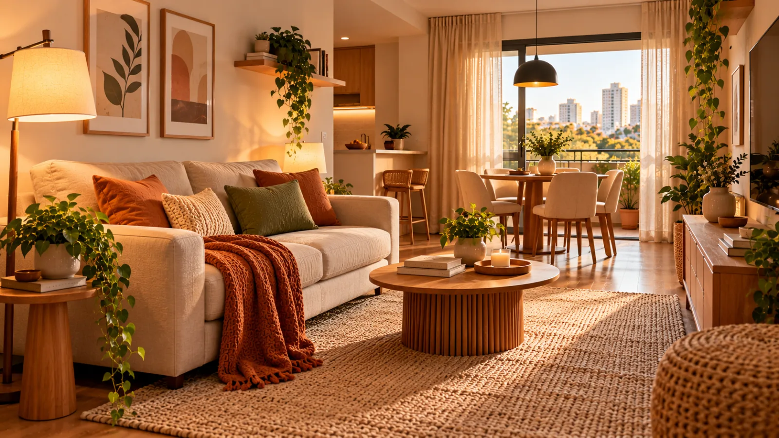 Sala de apartamento alugado com sofá claro, almofadas coloridas, tapete, luminária de piso, móveis de madeira e plantas.