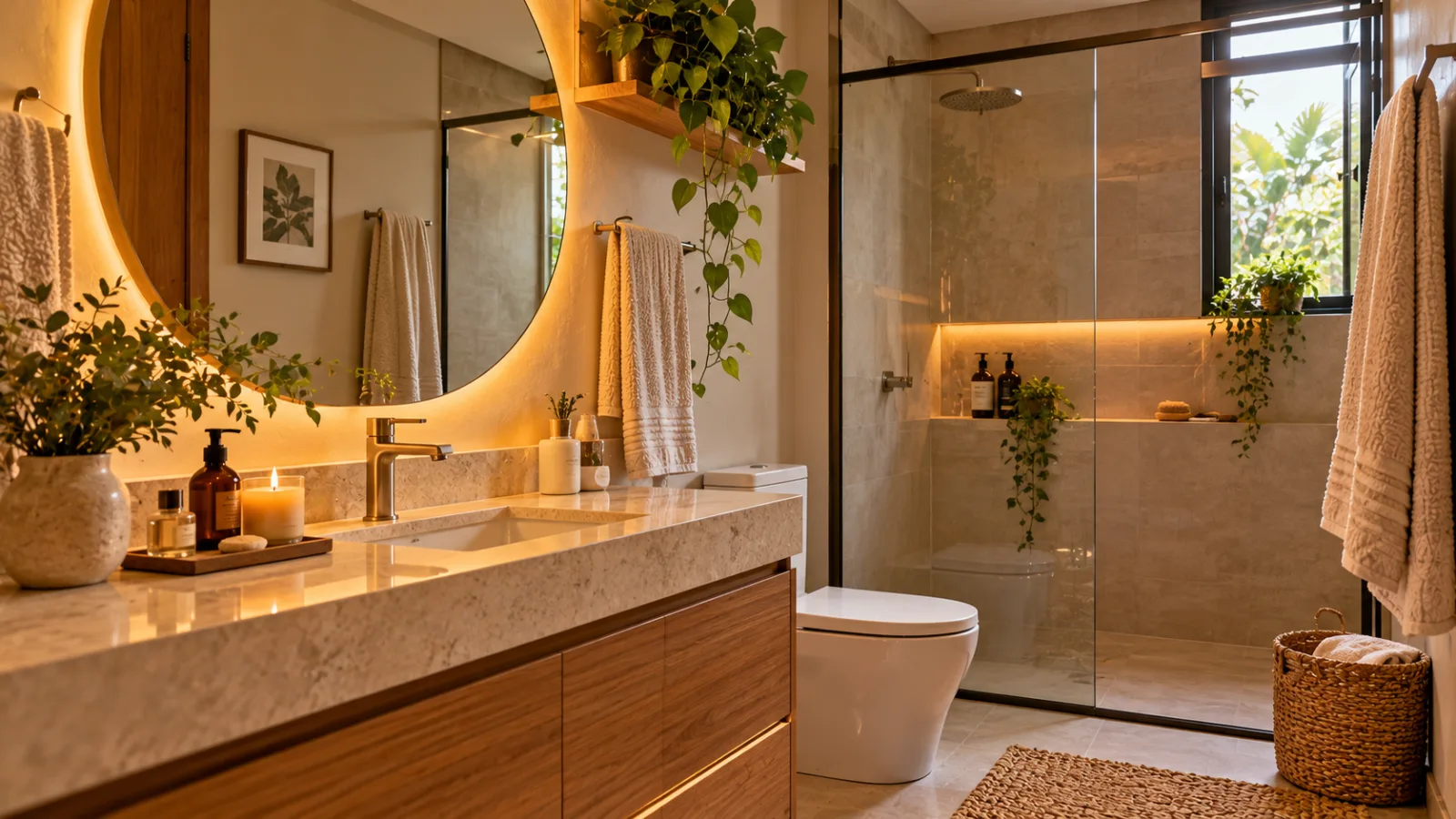 Banheiro contemporâneo com espelho iluminado, bancada de madeira, toalhas bege, plantas e box de vidro.