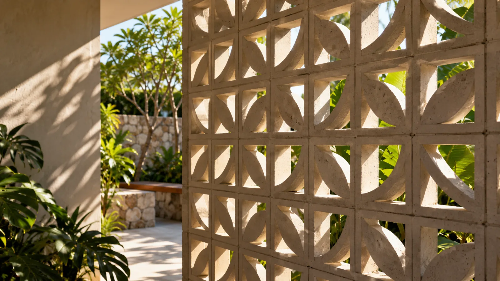4 maneiras de criar sombra no quintal sem deixar a casa escura 8 Painel de cobogós claros com aberturas geométricas filtrando a luz solar em uma área externa com plantas tropicais.