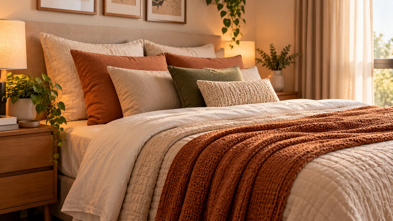 Cama com roupa de cama bege e branca, manta de tricô terracota e almofadas em tons terrosos, verdes e neutros.
