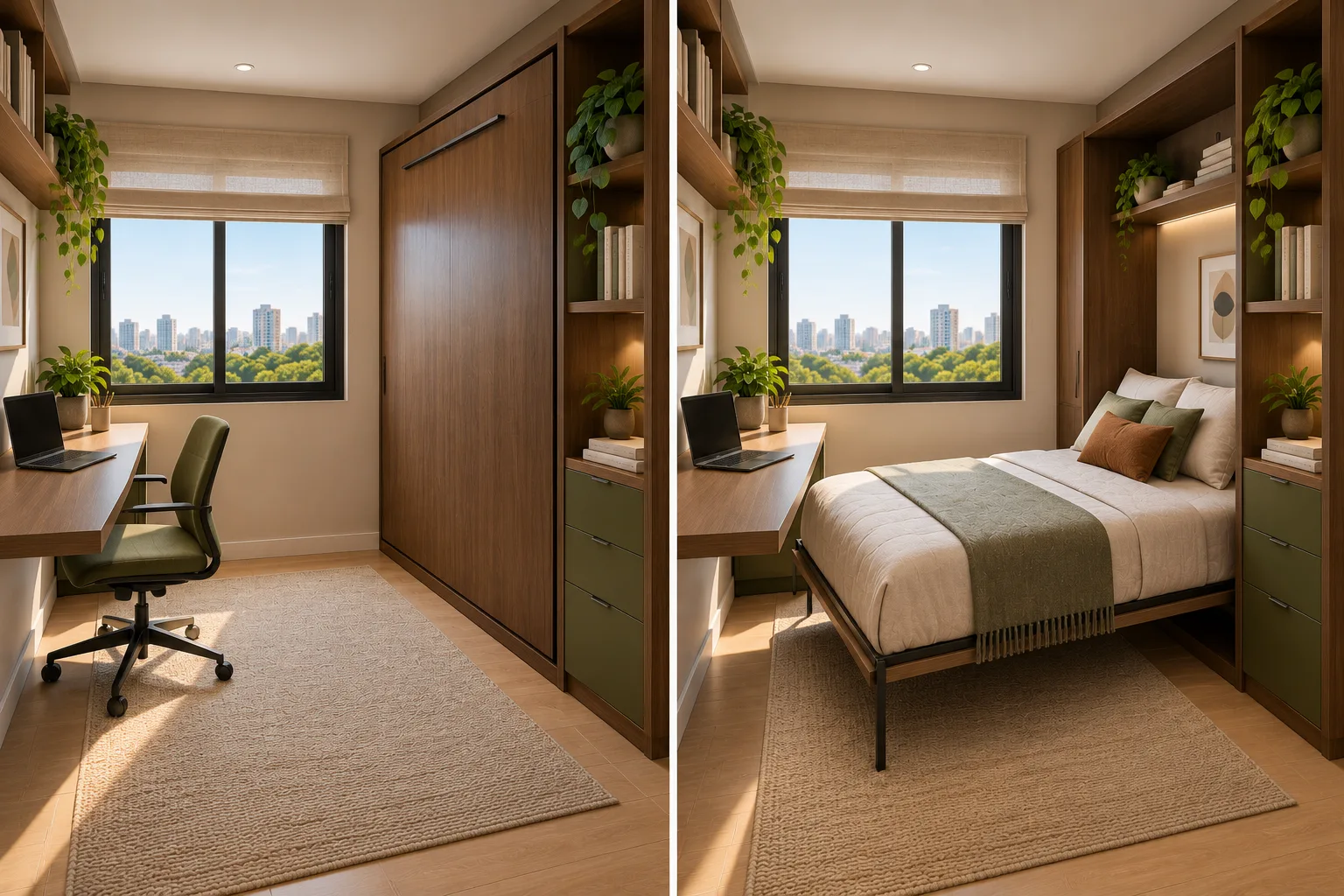 5 ideias para ganhar espaço no quarto que podem acabar atrapalhando a circulação 5 Comparação técnica de cama retrátil fechada e aberta em quarto de hóspedes, mostrando a área necessária para uso.