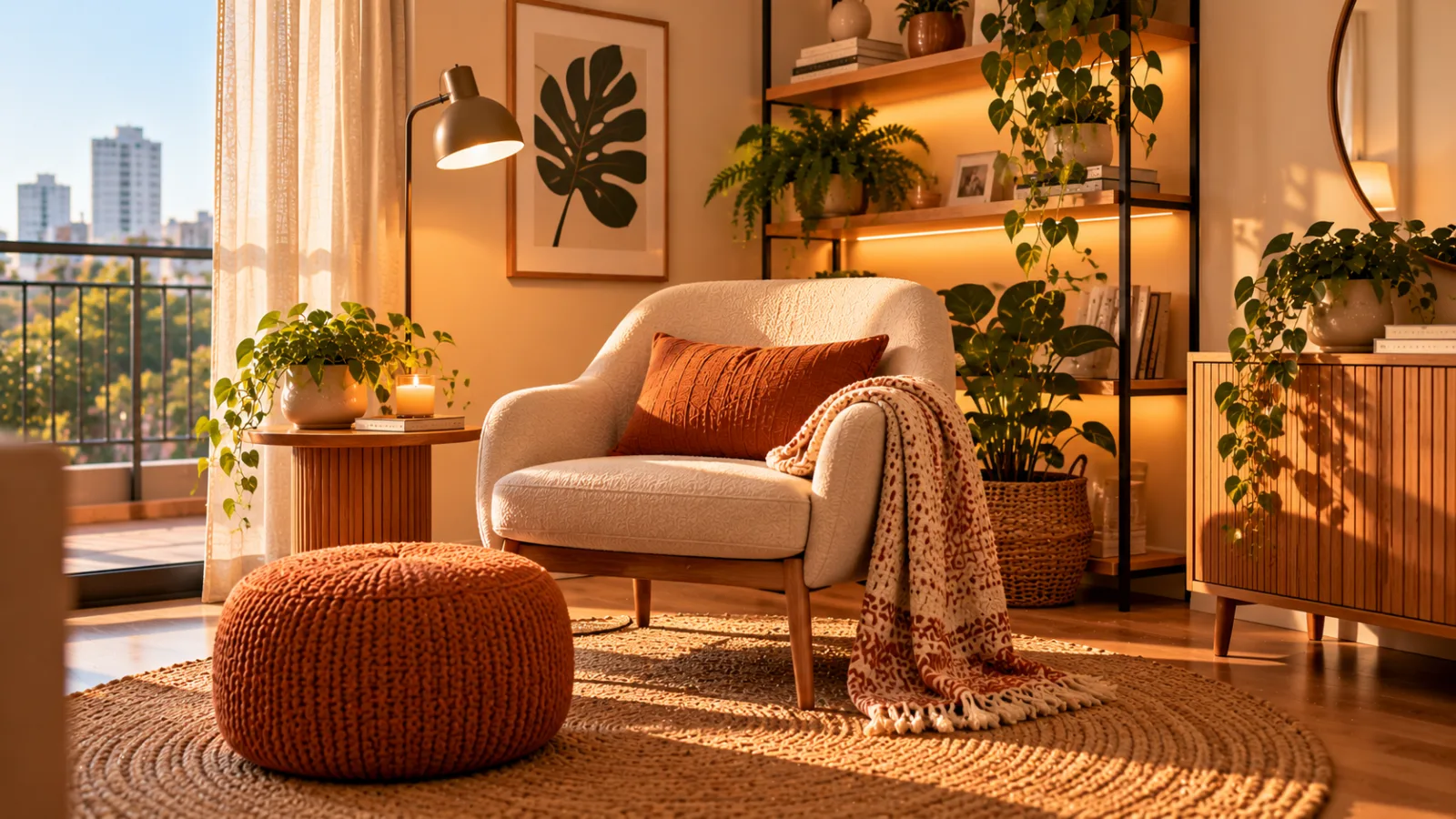 Canto de leitura com poltrona clara, pufe terracota, mesa lateral de madeira, luminária de piso, plantas e estante.