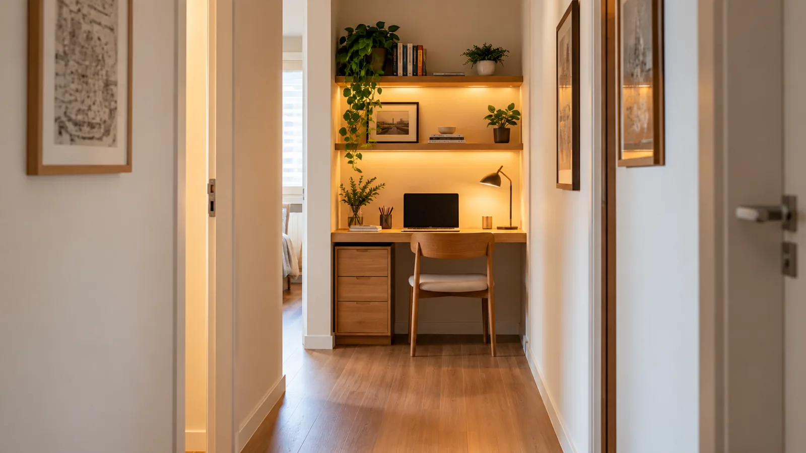 Corredor de apartamento com bancada de madeira, cadeira e prateleiras formando um mini escritório no espaço ao fundo.