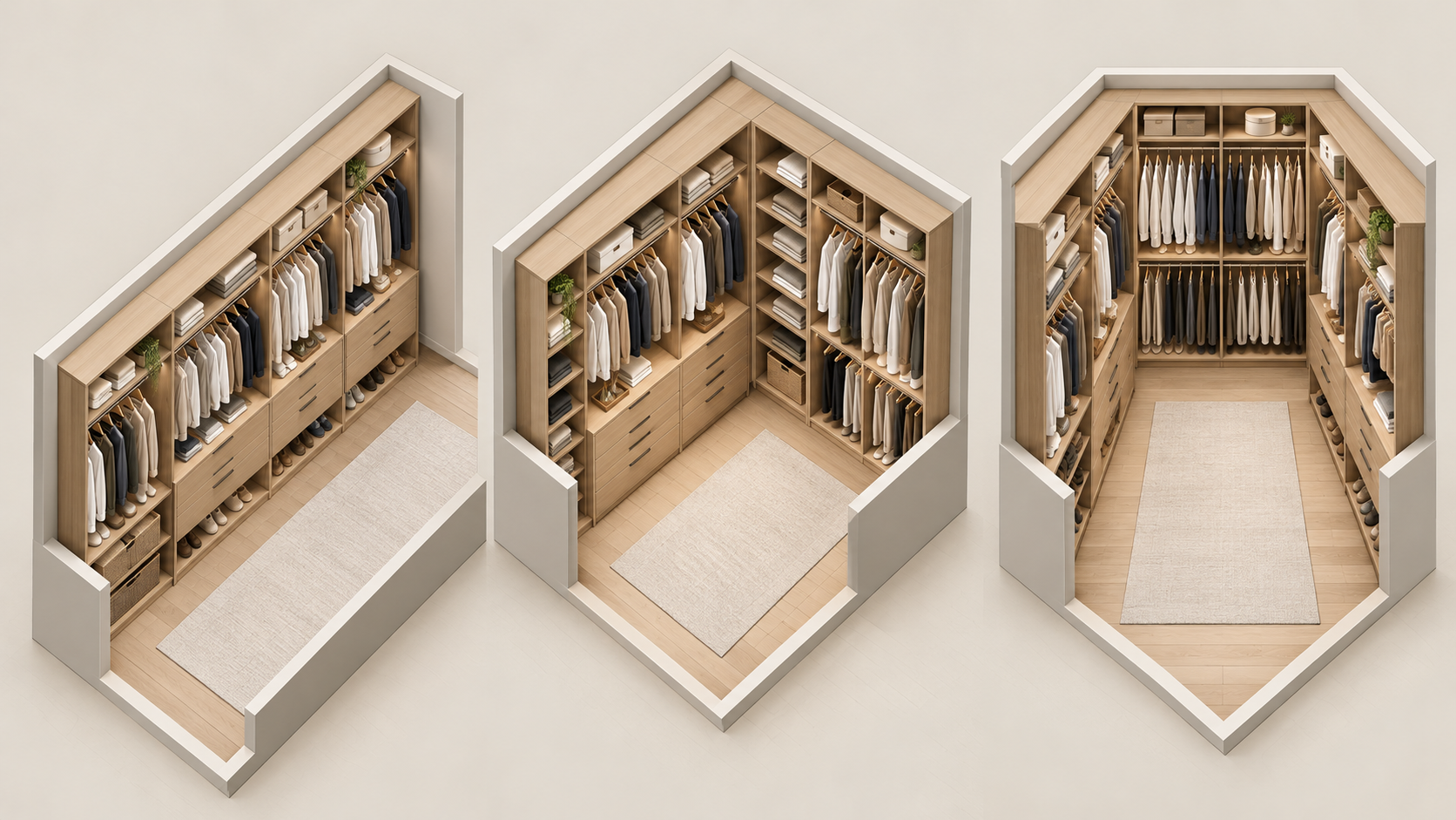 Quarto de casal com closet e suíte: medidas, layouts e ideias que funcionam 1 Comparação arquitetônica de closet de casal linear, em L e em U, mostrando diferentes distribuições de armários e espaços de circulação.