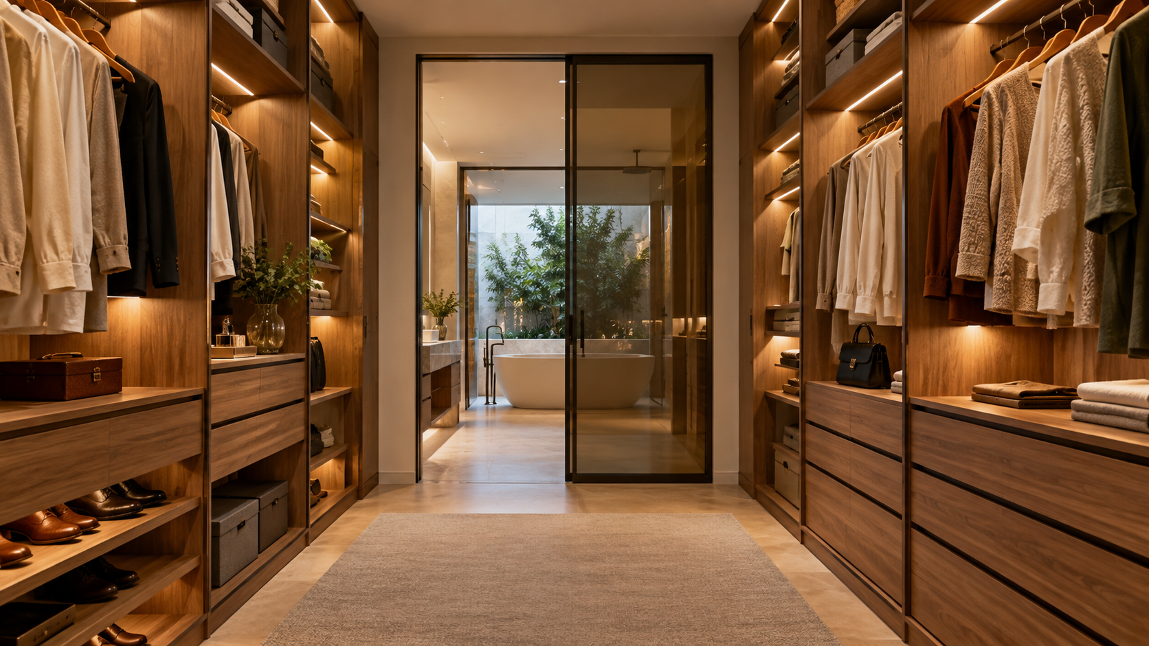 Quarto de casal com closet e suíte: medidas, layouts e ideias que funcionam 3 Closet de passagem com armários planejados de madeira nas duas laterais, corredor central livre e porta de acesso ao banheiro da suíte.